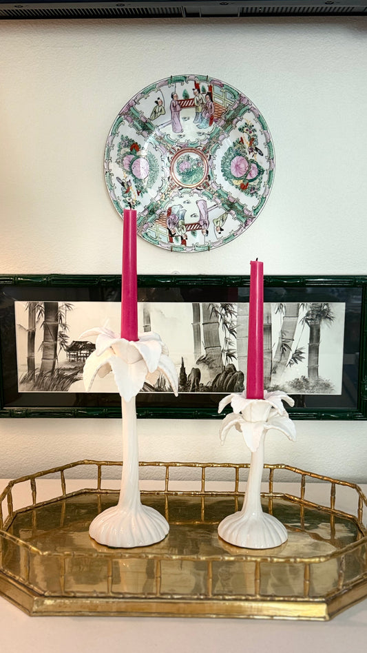 Vintage 1977 Fitz & Floyd White Palm Tree Candlesticks — Graduated Pair