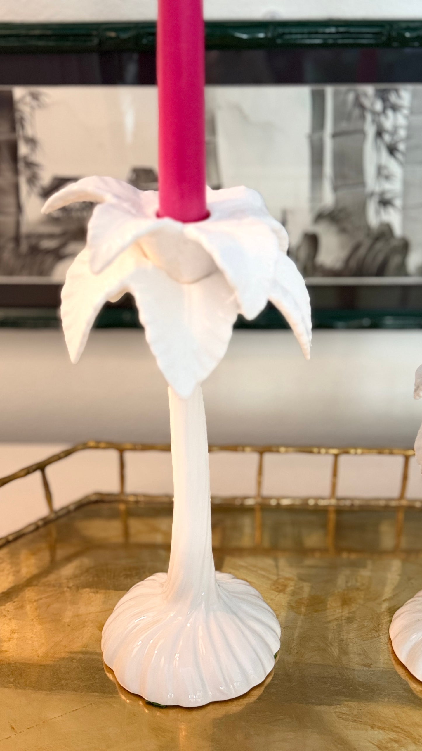 Vintage 1977 Fitz & Floyd White Palm Tree Candlesticks — Graduated Pair