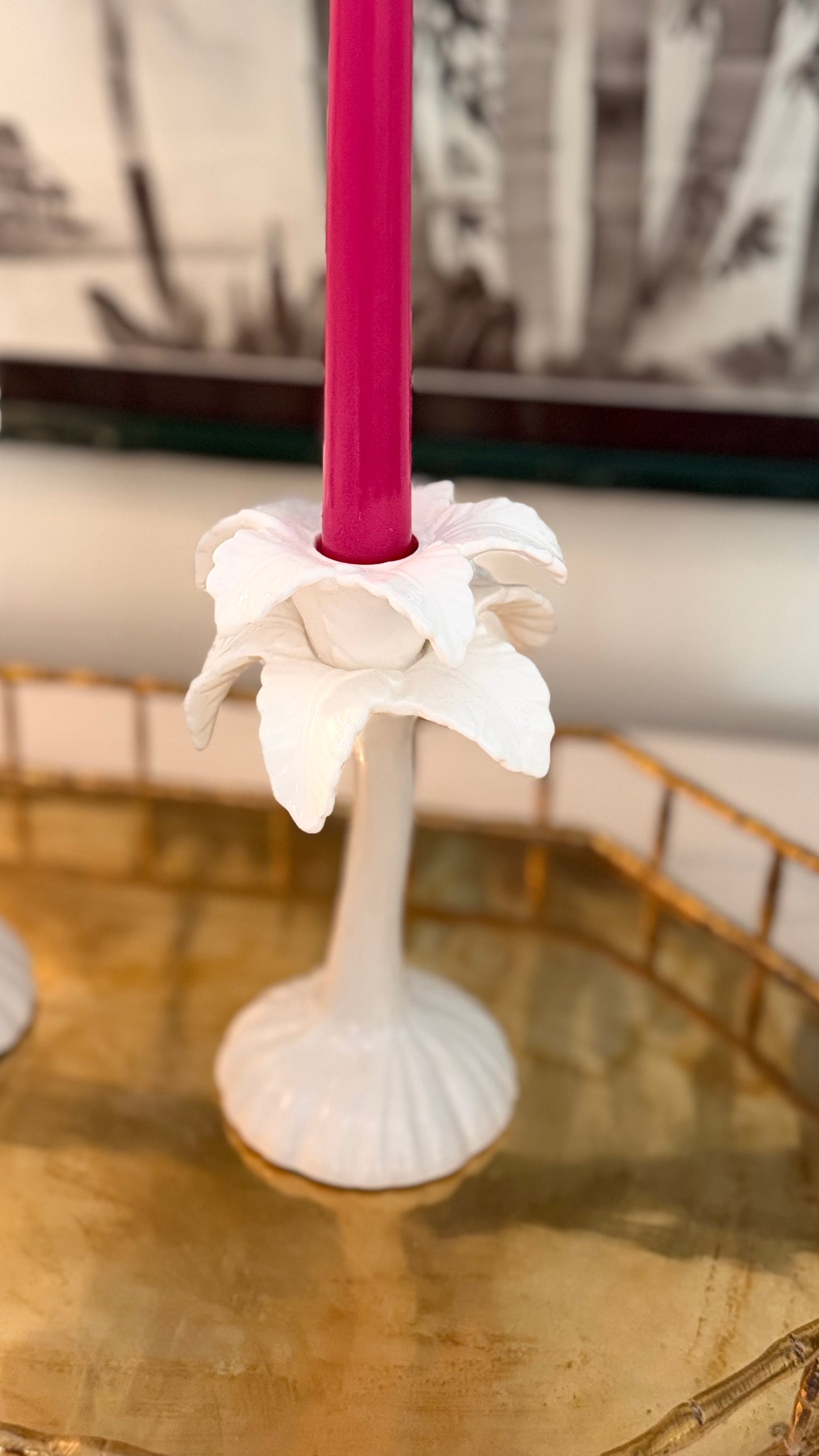Vintage 1977 Fitz & Floyd White Palm Tree Candlesticks — Graduated Pair