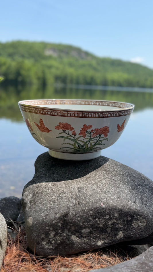 Large Vintage Mottahedeh Bird & Butterfly Porcelain Punch Bowl