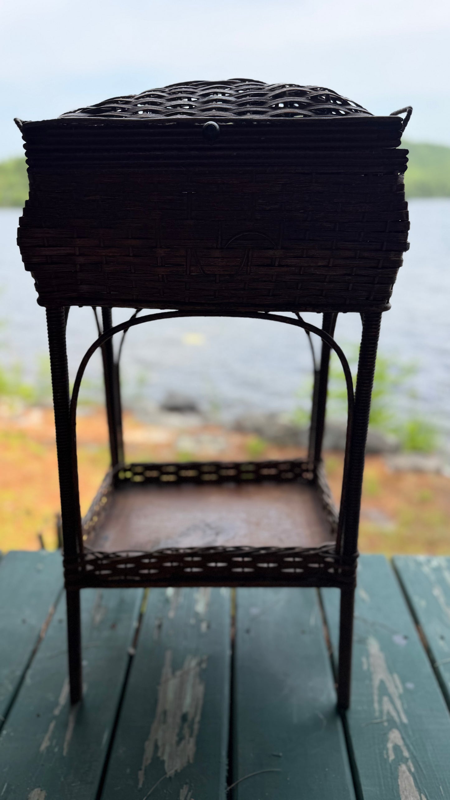 Antique Wicker Sewing Basket on Stand with Domed Lid