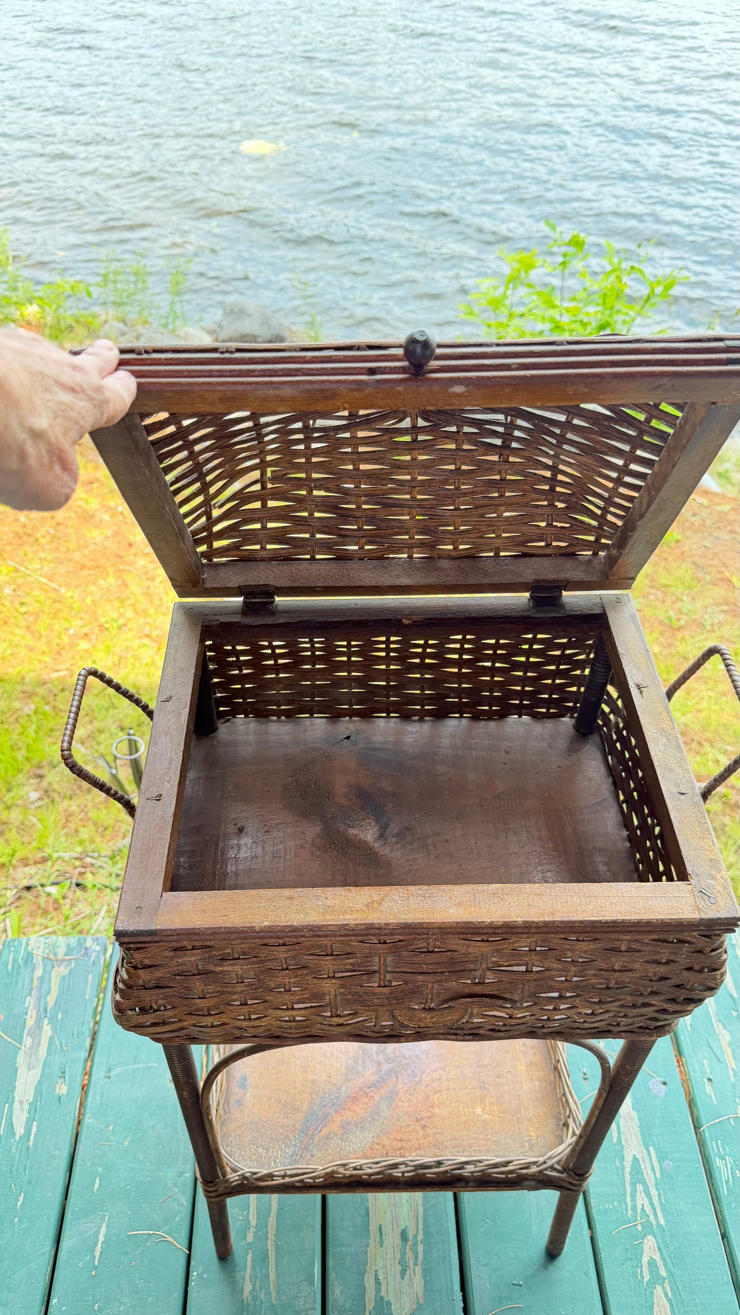 Antique Wicker Sewing Basket on Stand with Domed Lid