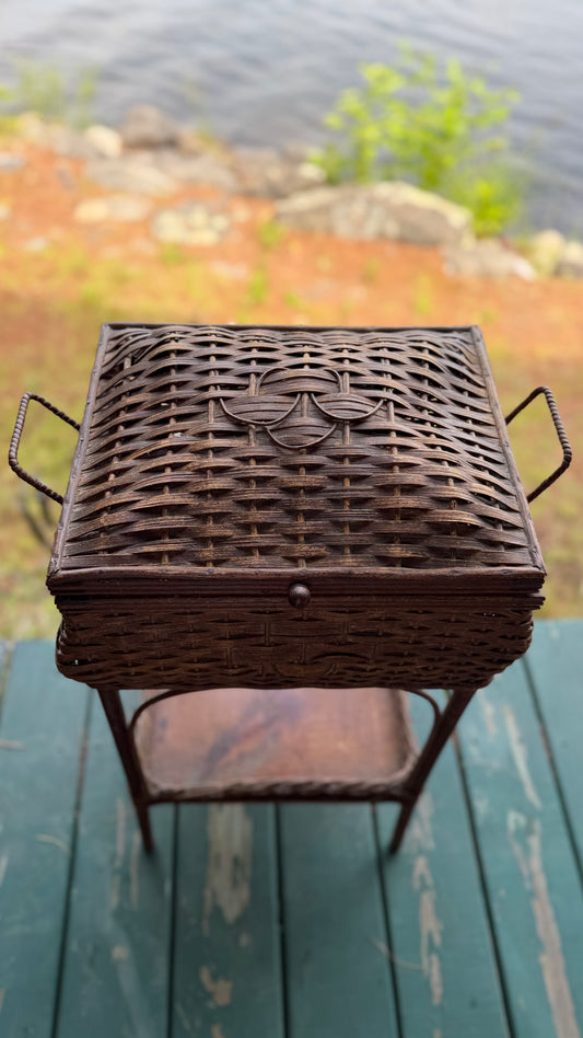 Antique Wicker Sewing Basket on Stand with Domed Lid