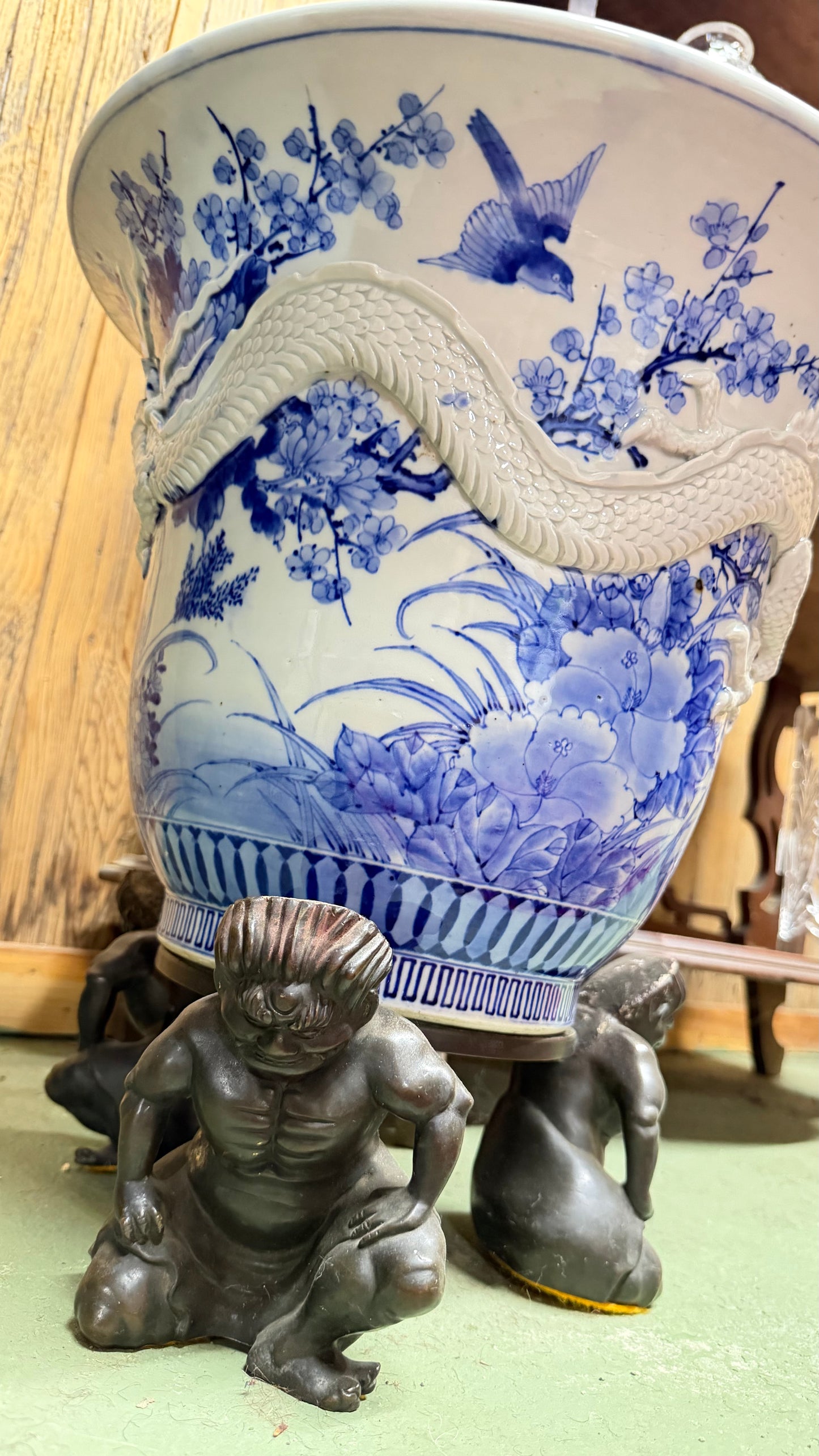 Large Antique Japanese Dragon Jardinière on Bronze Sumo Figural Stand