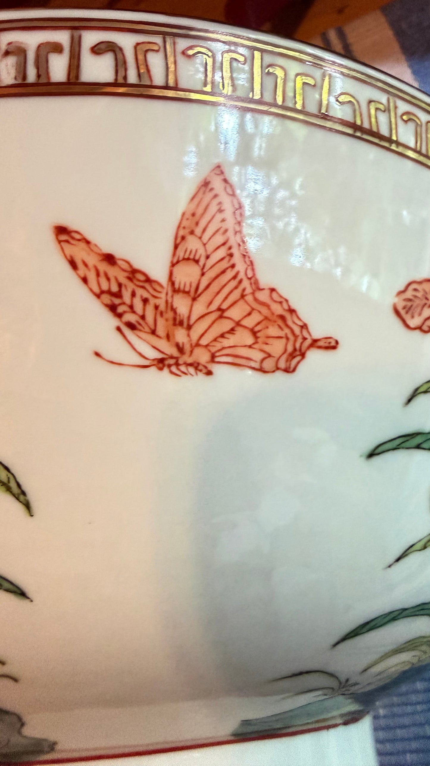 Large Vintage Mottahedeh Bird & Butterfly Porcelain Punch Bowl