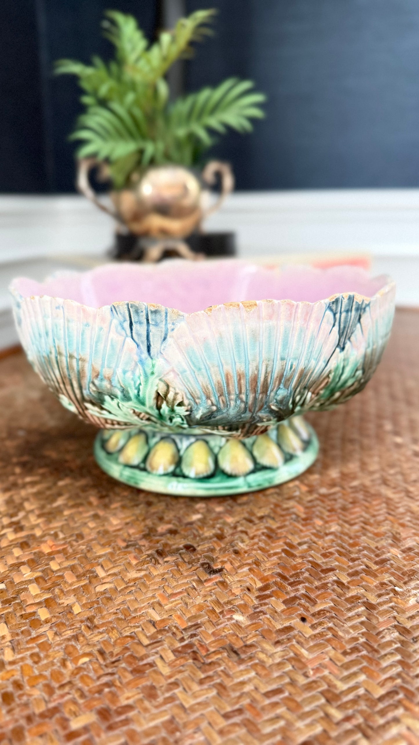 Antique 1880s Griffen, Smith & Hill Etruscan Majolica Shell & Seaweed Footed Bowl