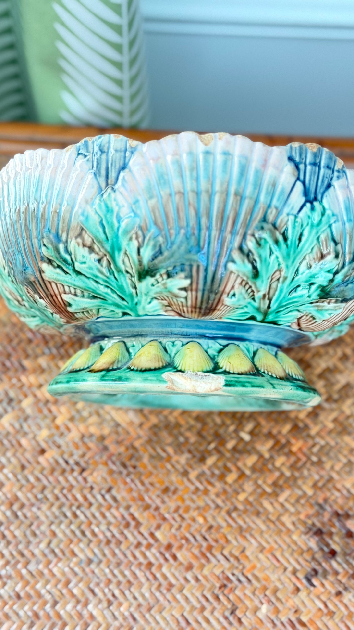 Antique 1880s Griffen, Smith & Hill Etruscan Majolica Shell & Seaweed Footed Bowl