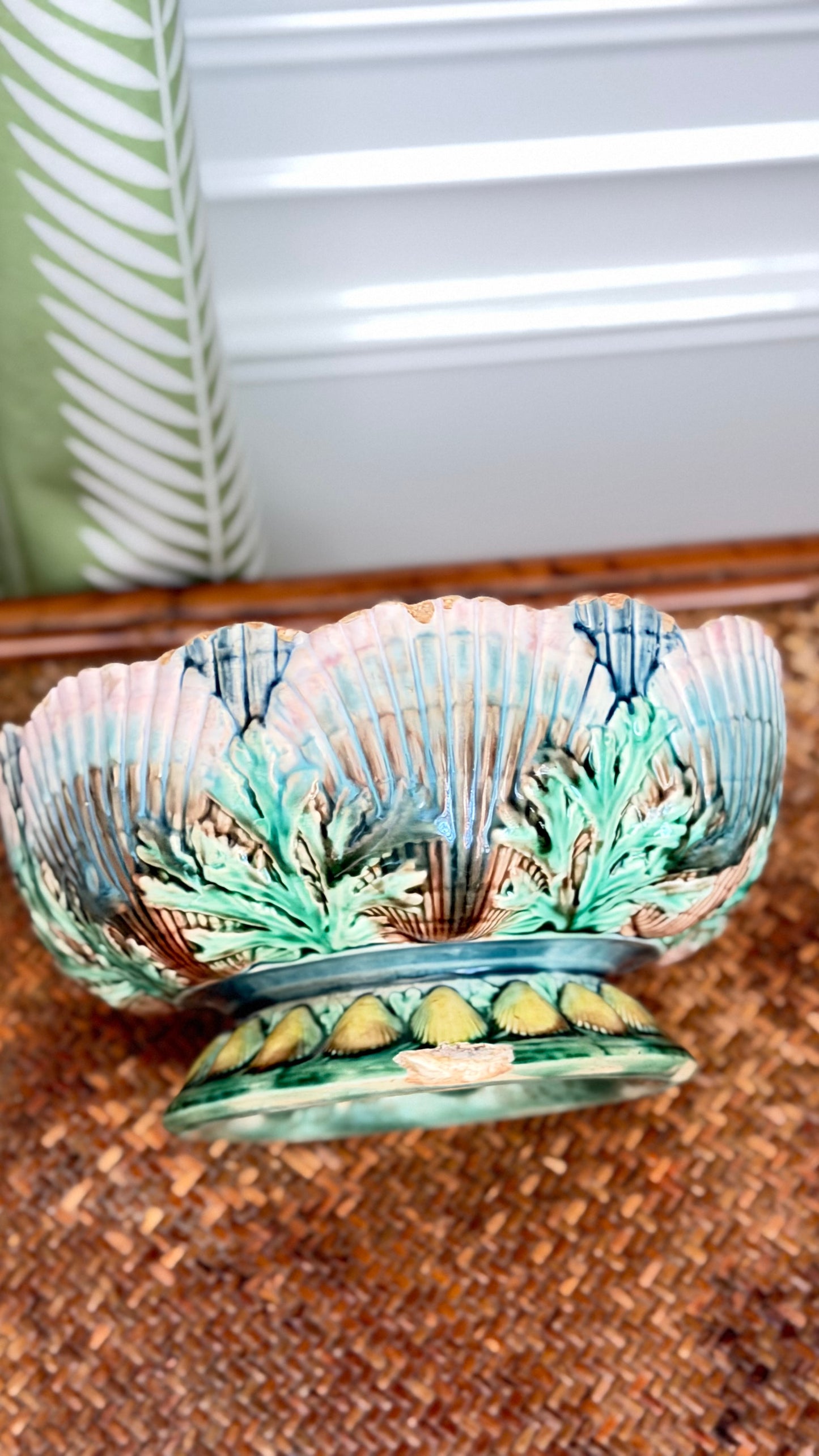 Antique 1880s Griffen, Smith & Hill Etruscan Majolica Shell & Seaweed Footed Bowl