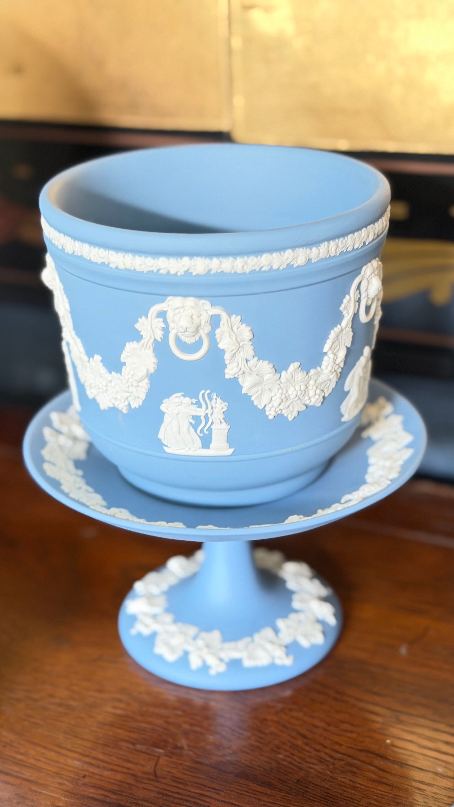 Vintage Wedgwood Blue Jasperware Lion Mask Cachepot