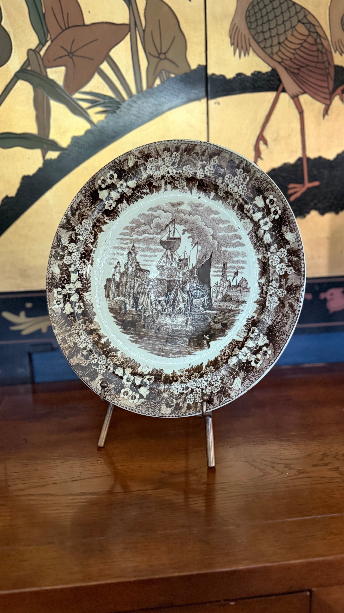 Antique Andrea Galvani Pordenone Ferrara Brown Transferware Platter
