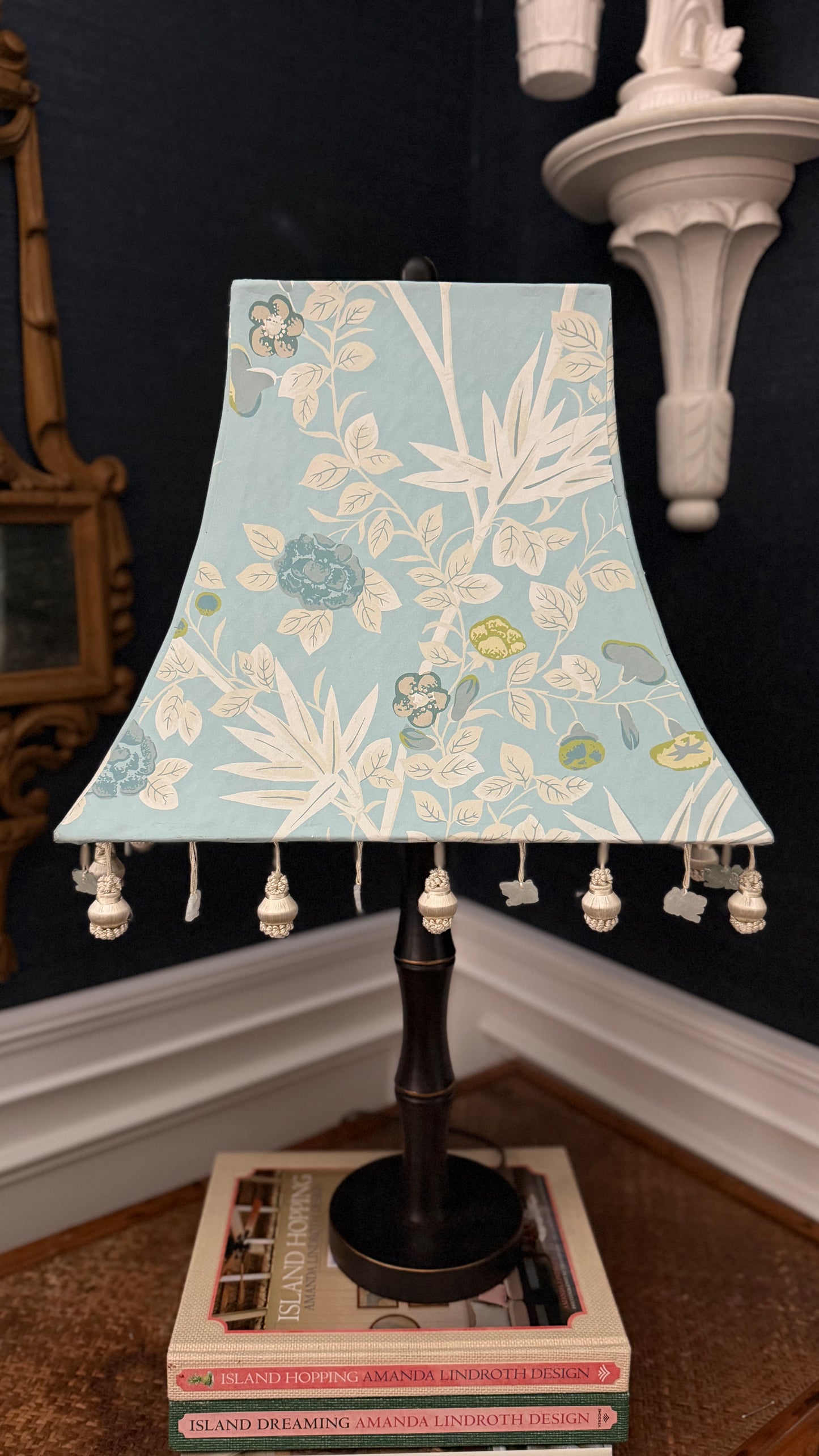 Custom Scalamandré Jardin de Chine Ciel Pagoda Lampshade with Fu Dog Trim
