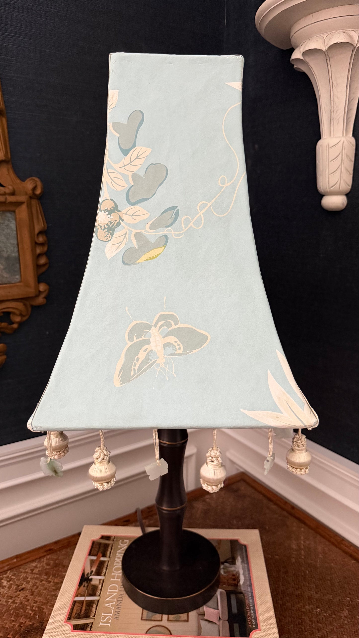 Custom Scalamandré Jardin de Chine Ciel Pagoda Lampshade with Fu Dog Trim