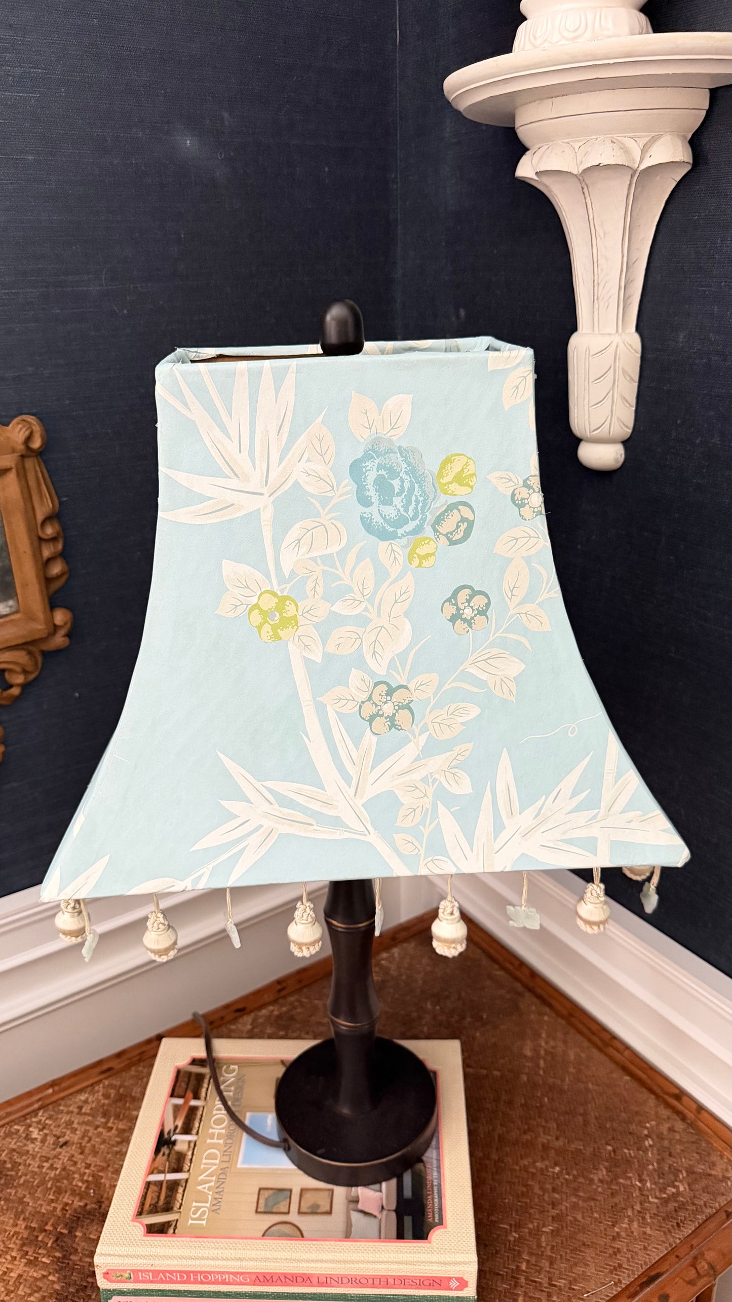 Custom Scalamandré Jardin de Chine Ciel Pagoda Lampshade with Fu Dog Trim