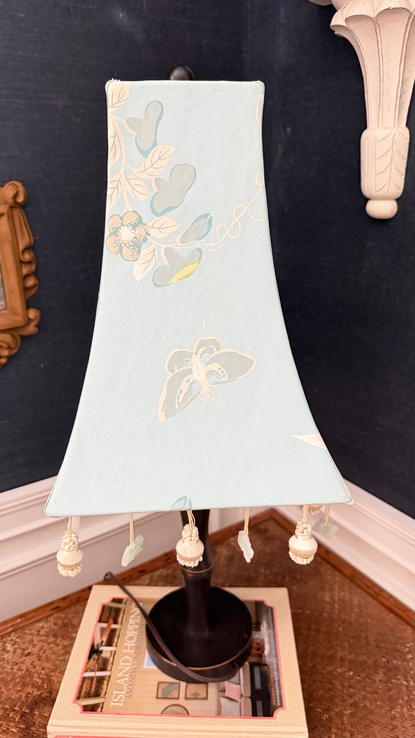 Custom Scalamandré Jardin de Chine Ciel Pagoda Lampshade with Fu Dog Trim