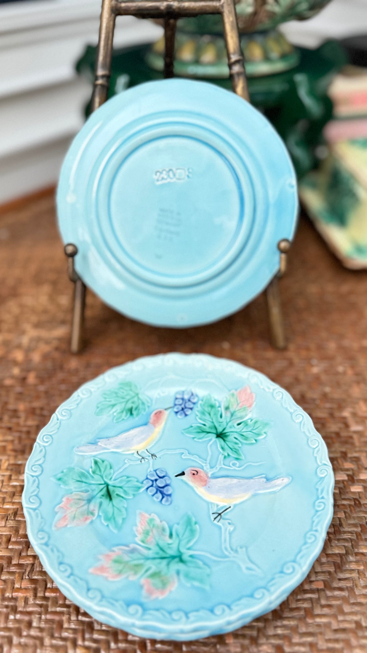 Vintage West German Highmount Majolica Bird & Grape Plates