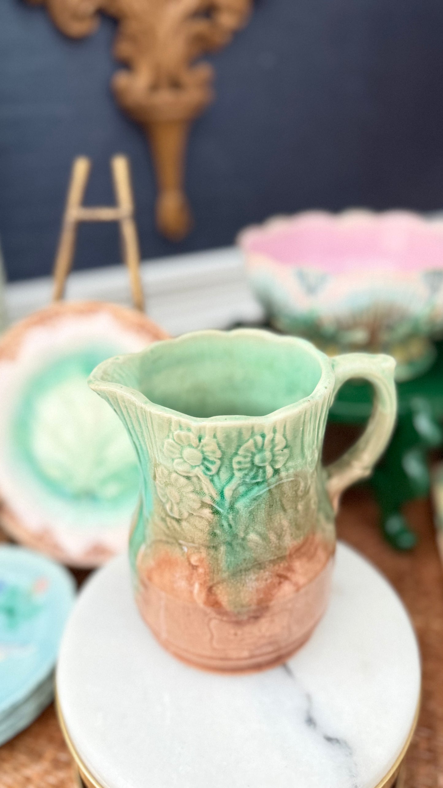 Antique c.1880 Victorian Majolica Floral Pitcher