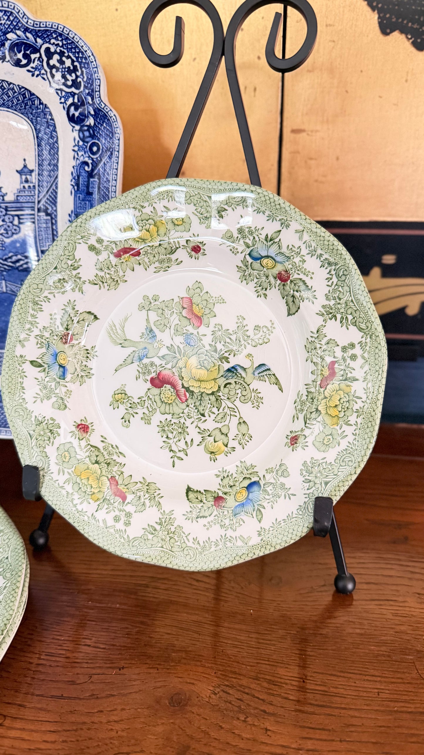 Vintage Enoch Wedgwood Oriental Pheasant Green Salad Plates — Set of 4