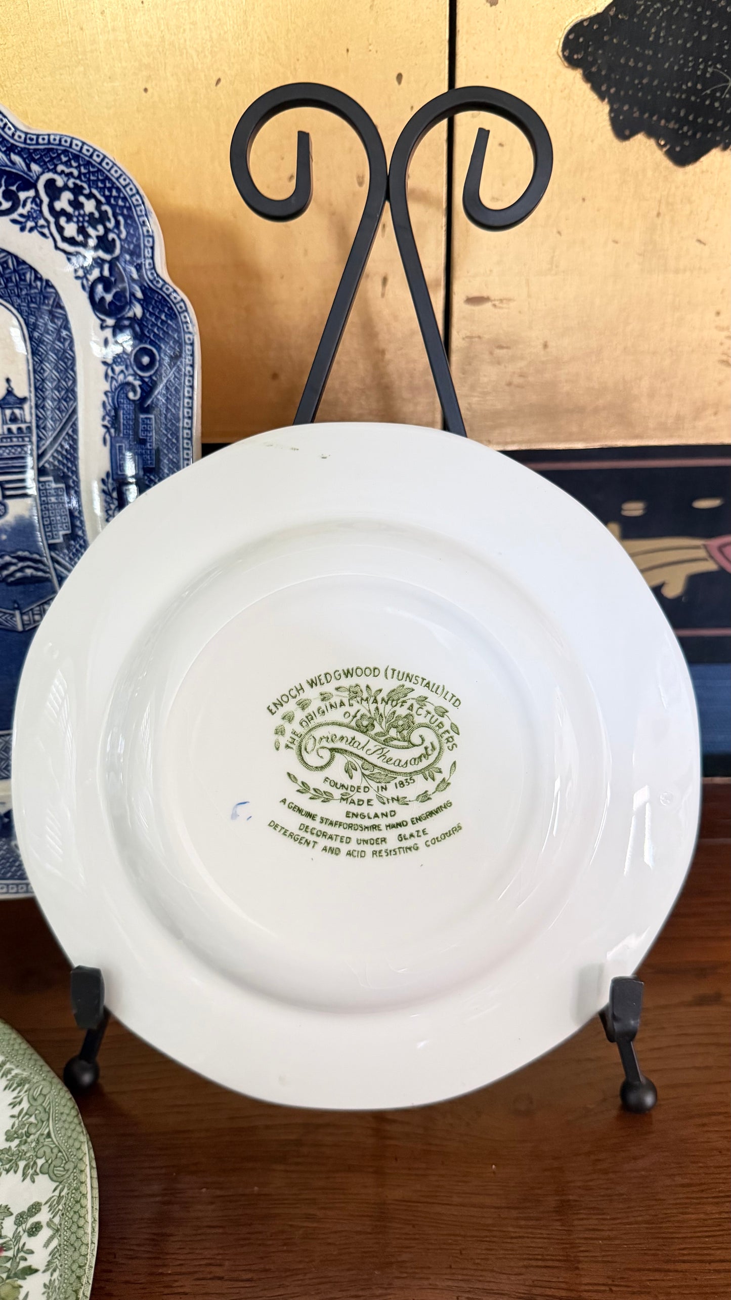 Vintage Enoch Wedgwood Oriental Pheasant Green Salad Plates — Set of 4