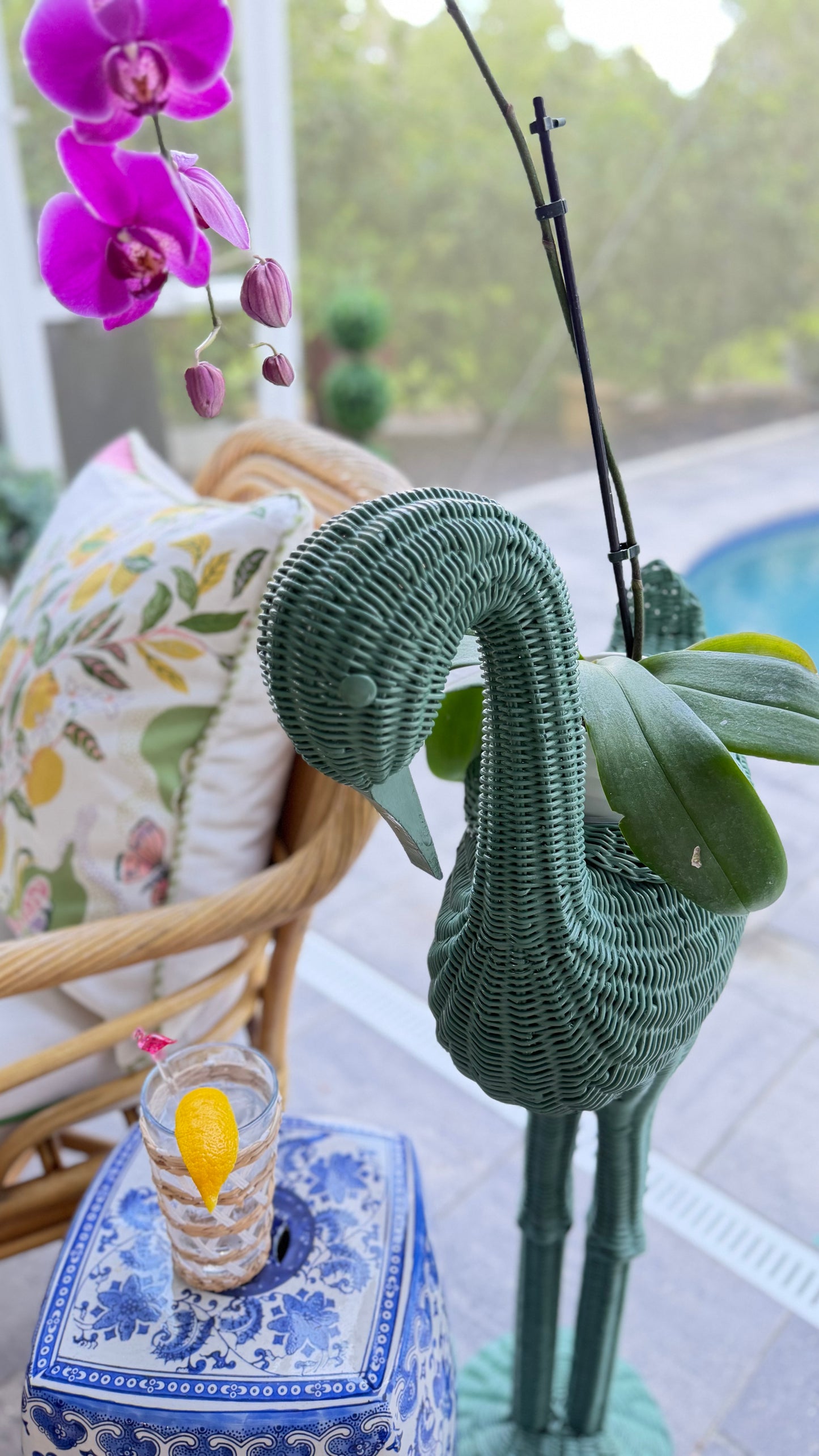 Vintage 1970s Wicker Flamingo Plant Stand in Messel Green