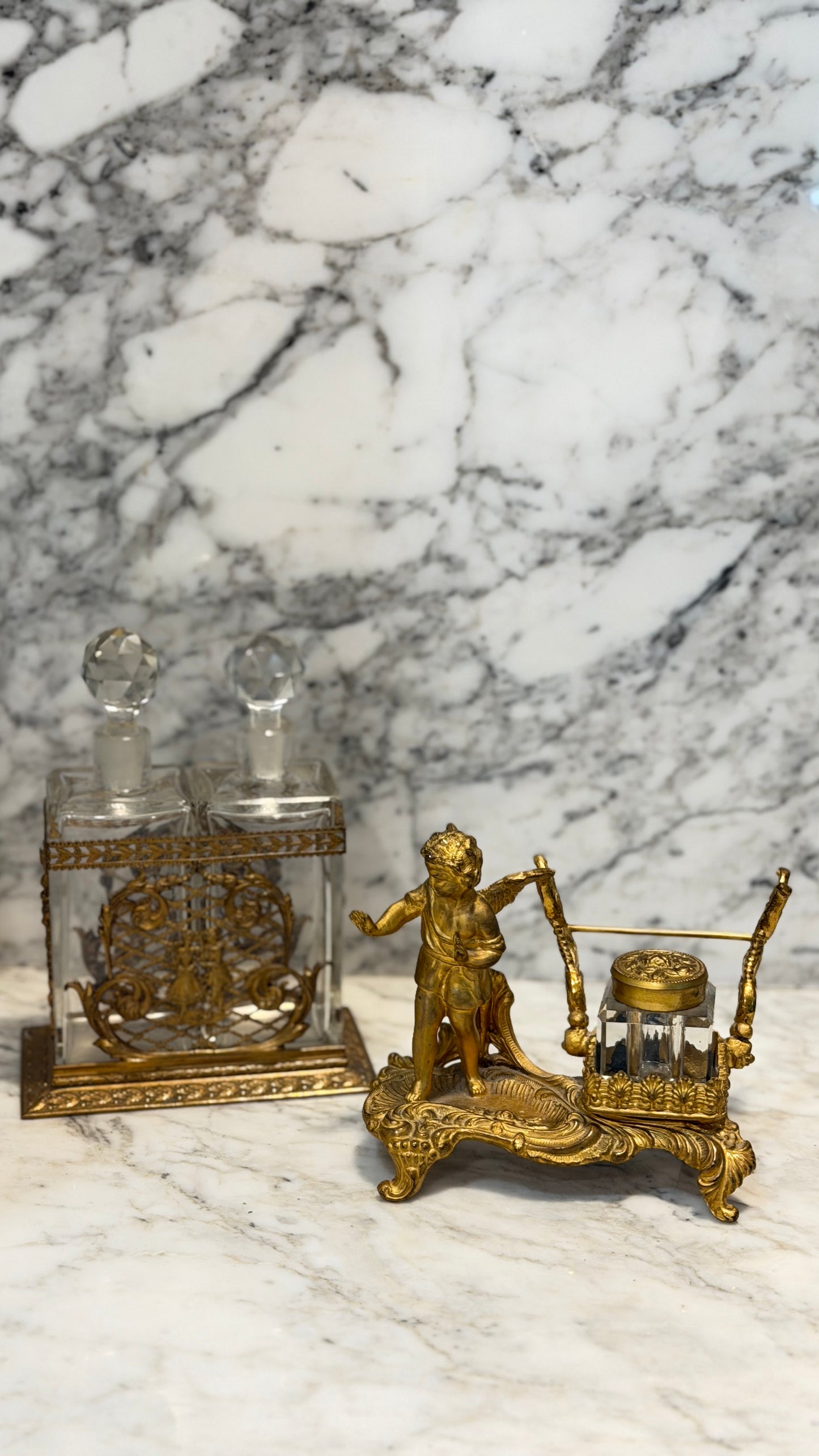 Late 19th-Century French Louis XV–Style Gilt Bronze & Cut Crystal Inkwell