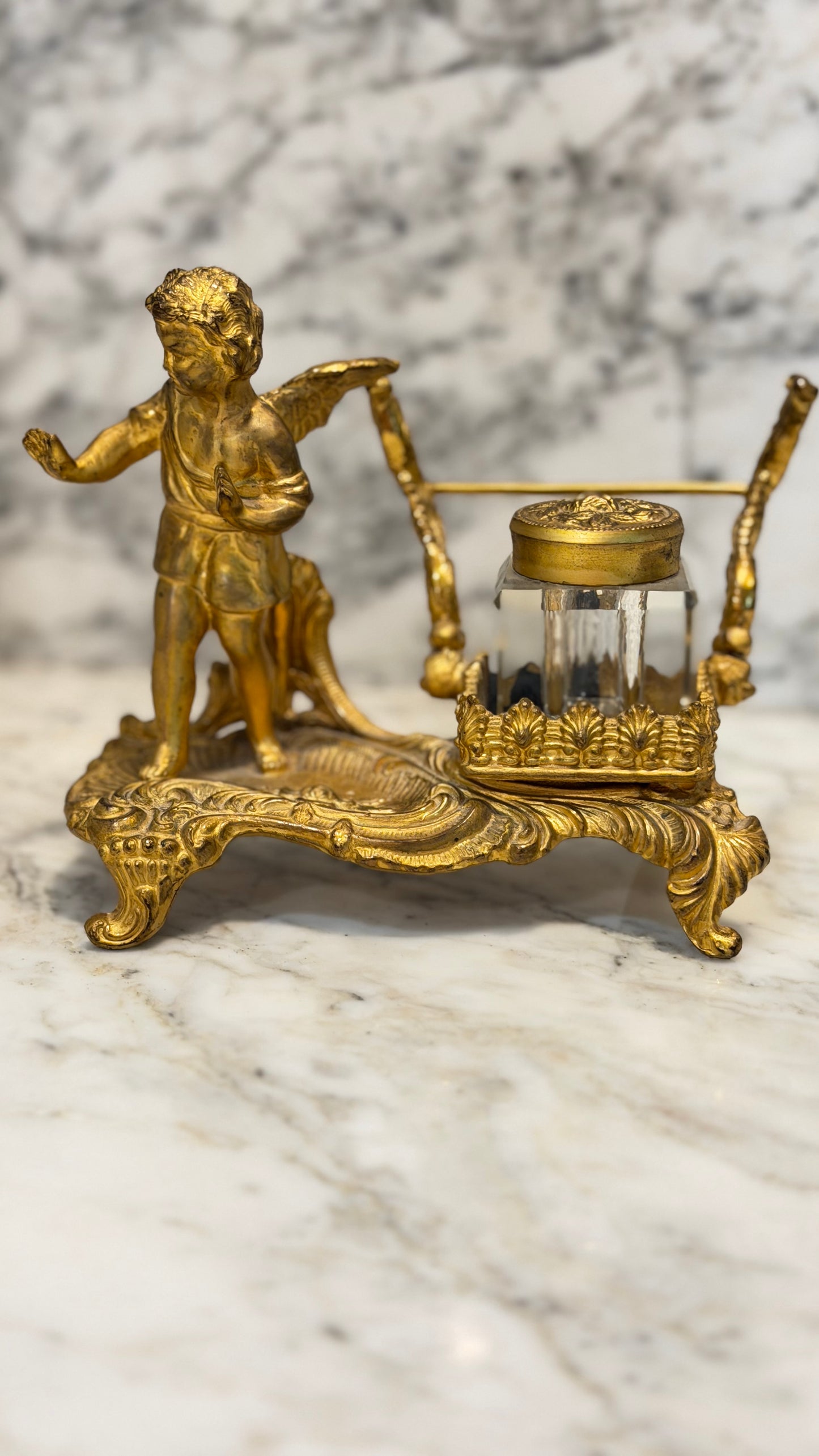 Late 19th-Century French Louis XV–Style Gilt Bronze & Cut Crystal Inkwell