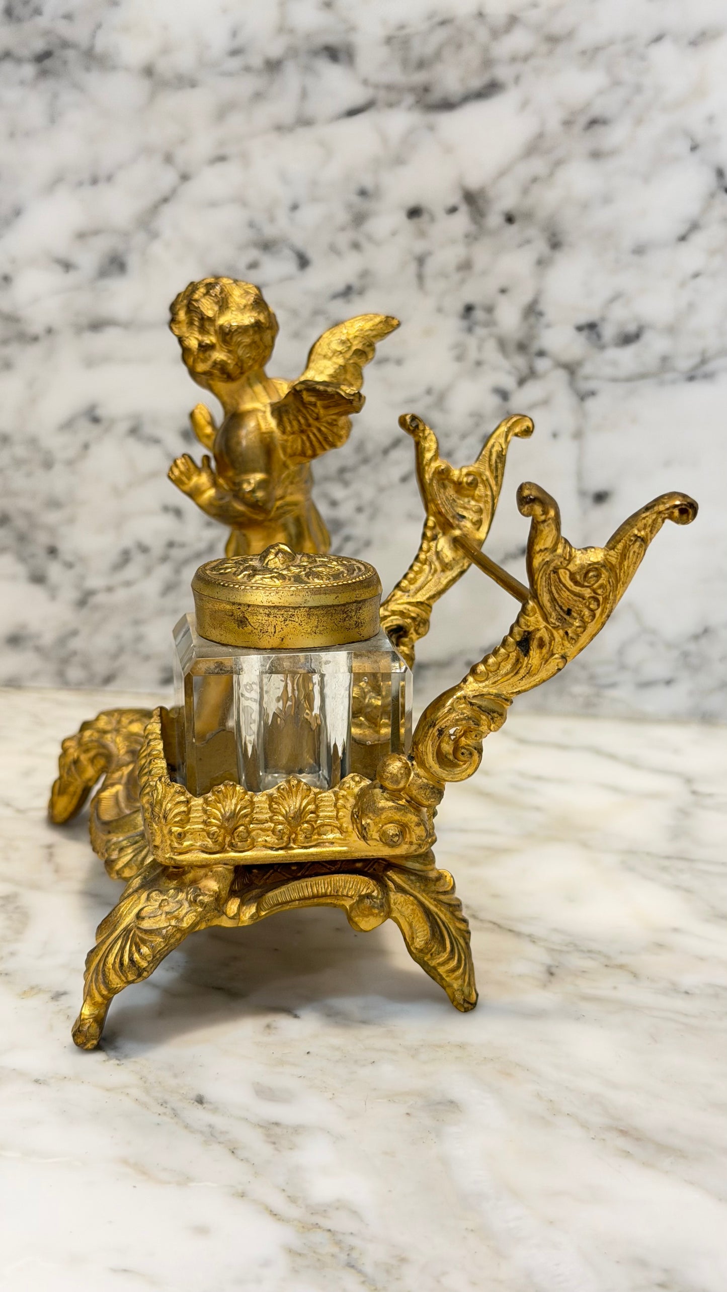Late 19th-Century French Louis XV–Style Gilt Bronze & Cut Crystal Inkwell