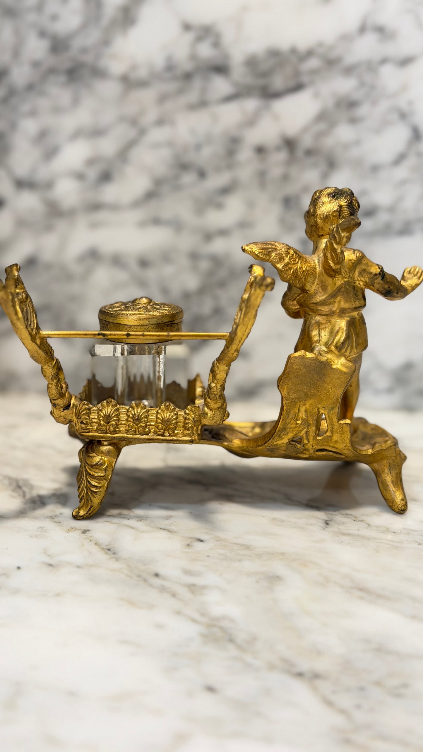 Late 19th-Century French Louis XV–Style Gilt Bronze & Cut Crystal Inkwell