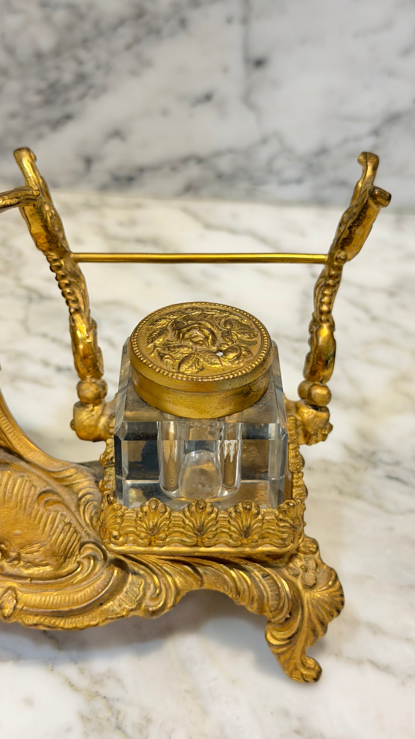 Late 19th-Century French Louis XV–Style Gilt Bronze & Cut Crystal Inkwell