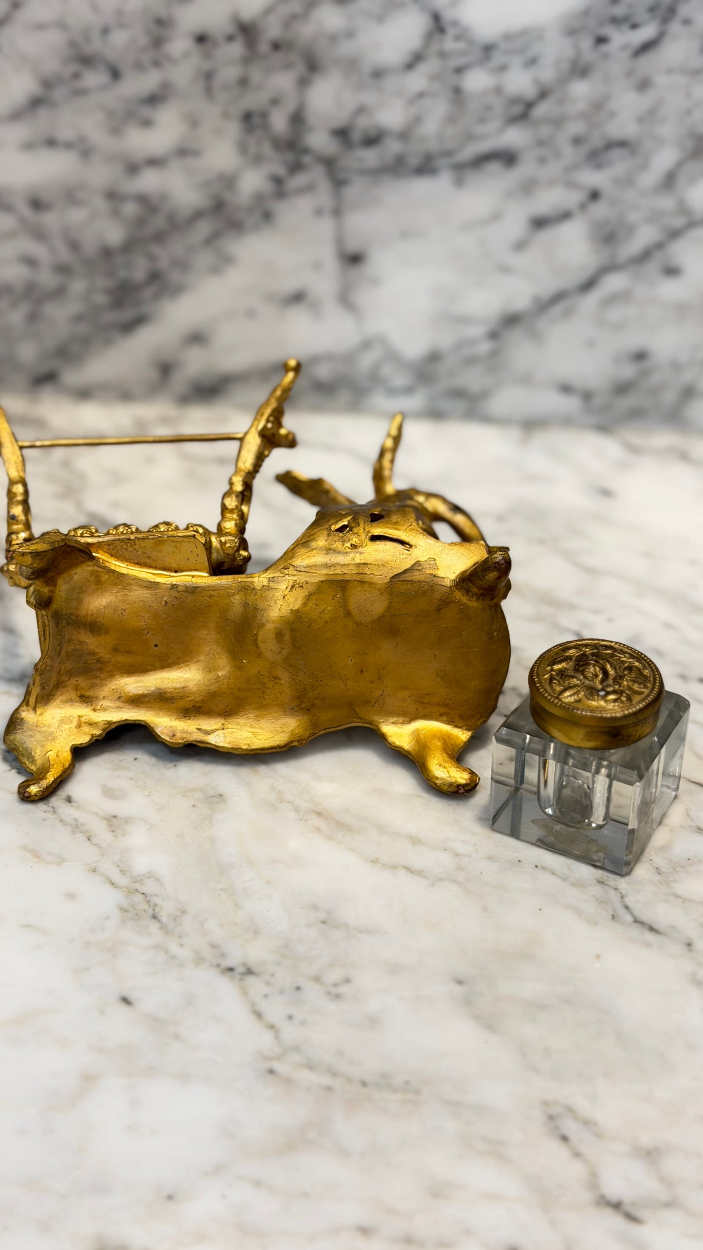 Late 19th-Century French Louis XV–Style Gilt Bronze & Cut Crystal Inkwell
