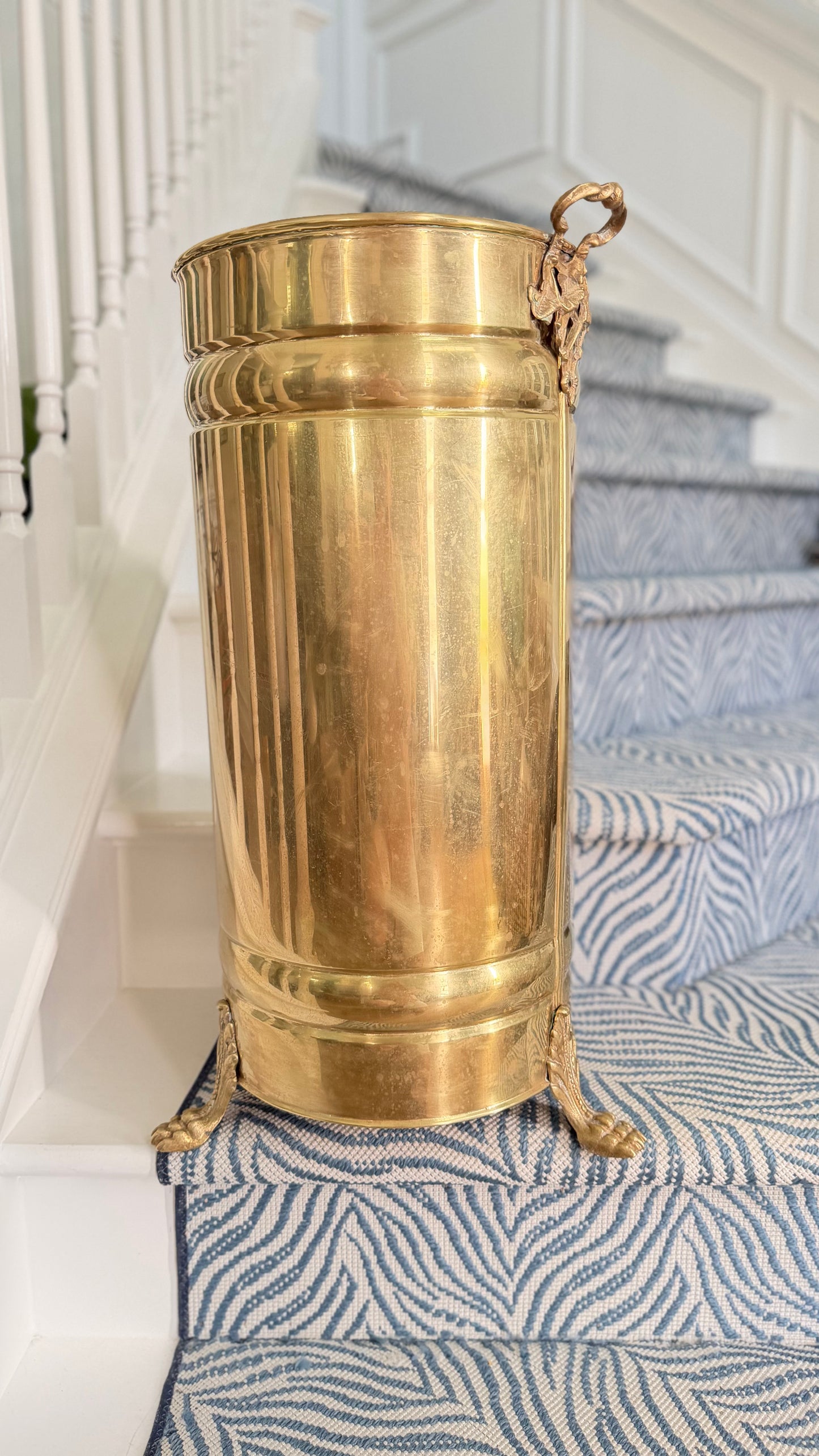 Antique Regency Revival Brass Umbrella Stand with Paw Feet, Circa 1900–1950