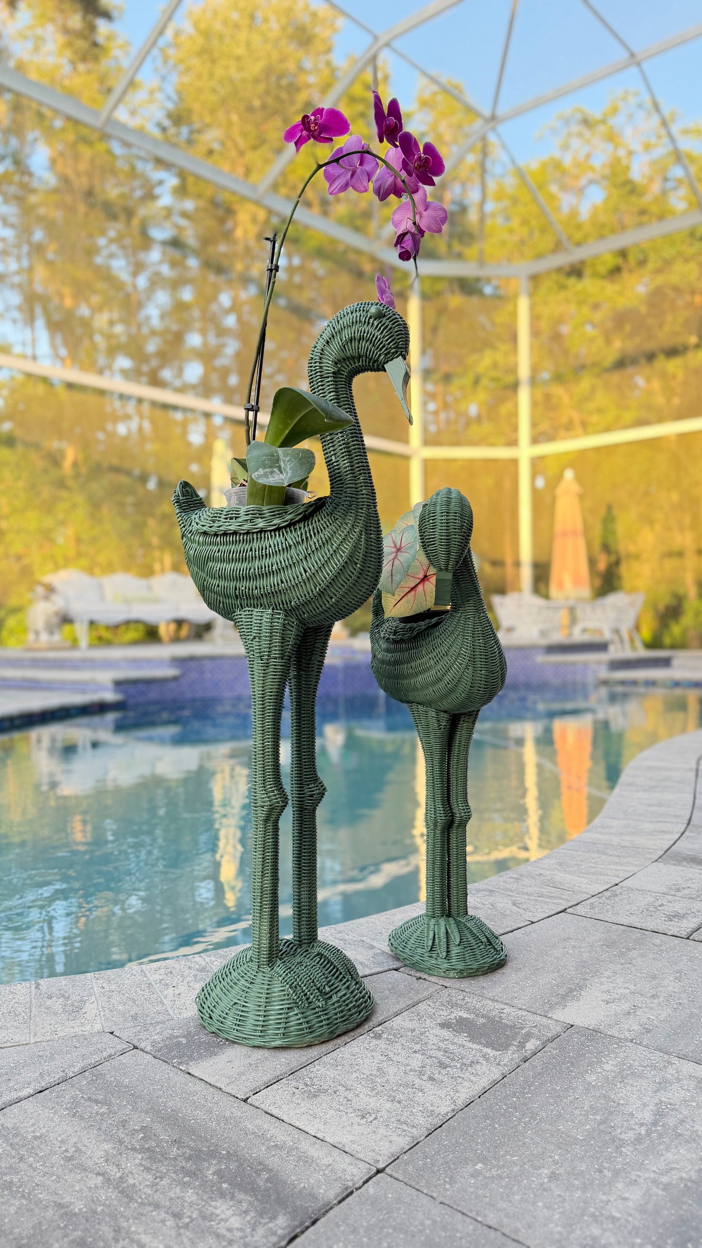Vintage Messel Green Wicker Flamingo Planters, Mother and Baby Pair