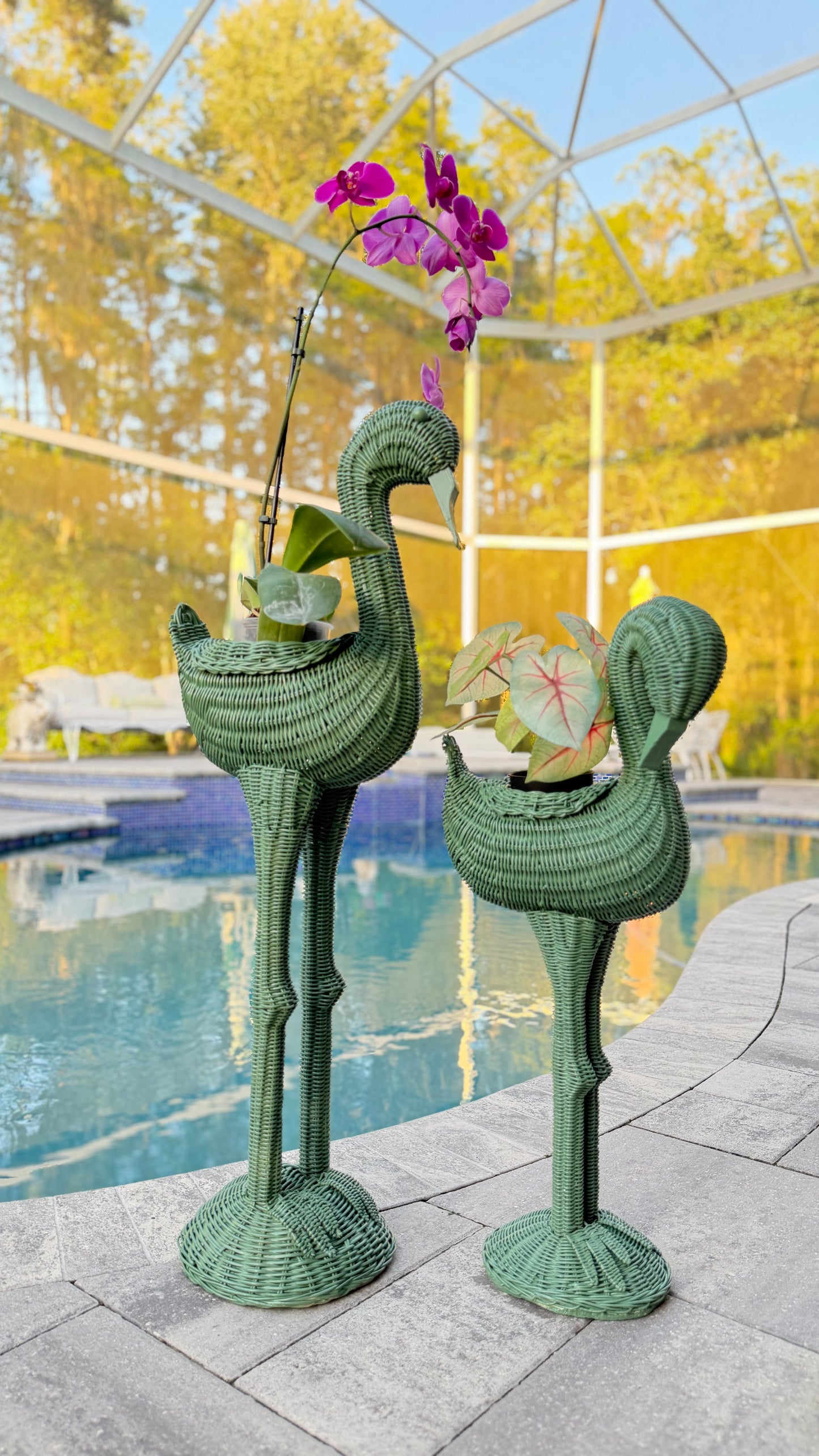 Vintage Messel Green Wicker Flamingo Planters, Mother and Baby Pair