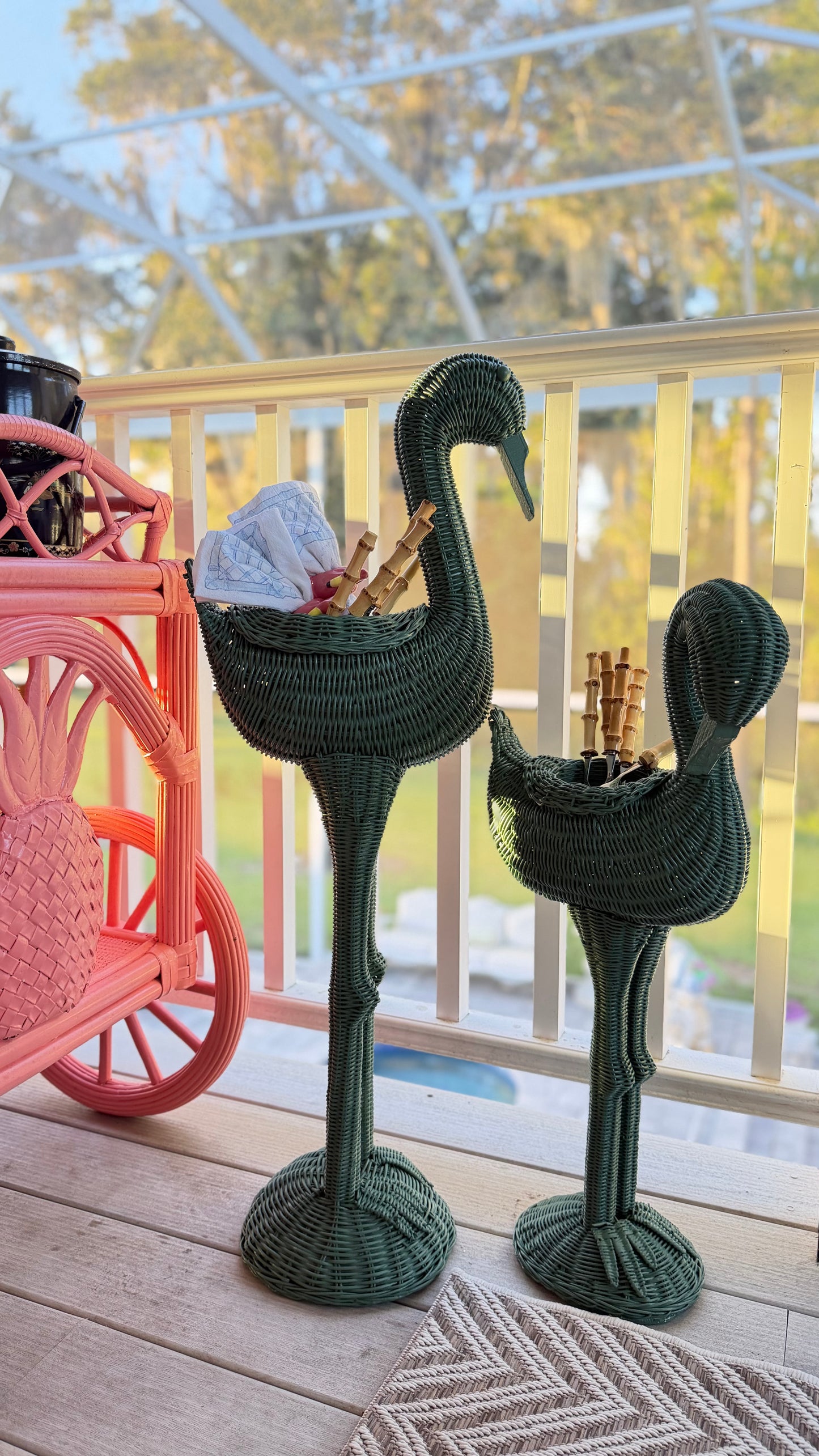 Vintage Messel Green Wicker Flamingo Planters, Mother and Baby Pair
