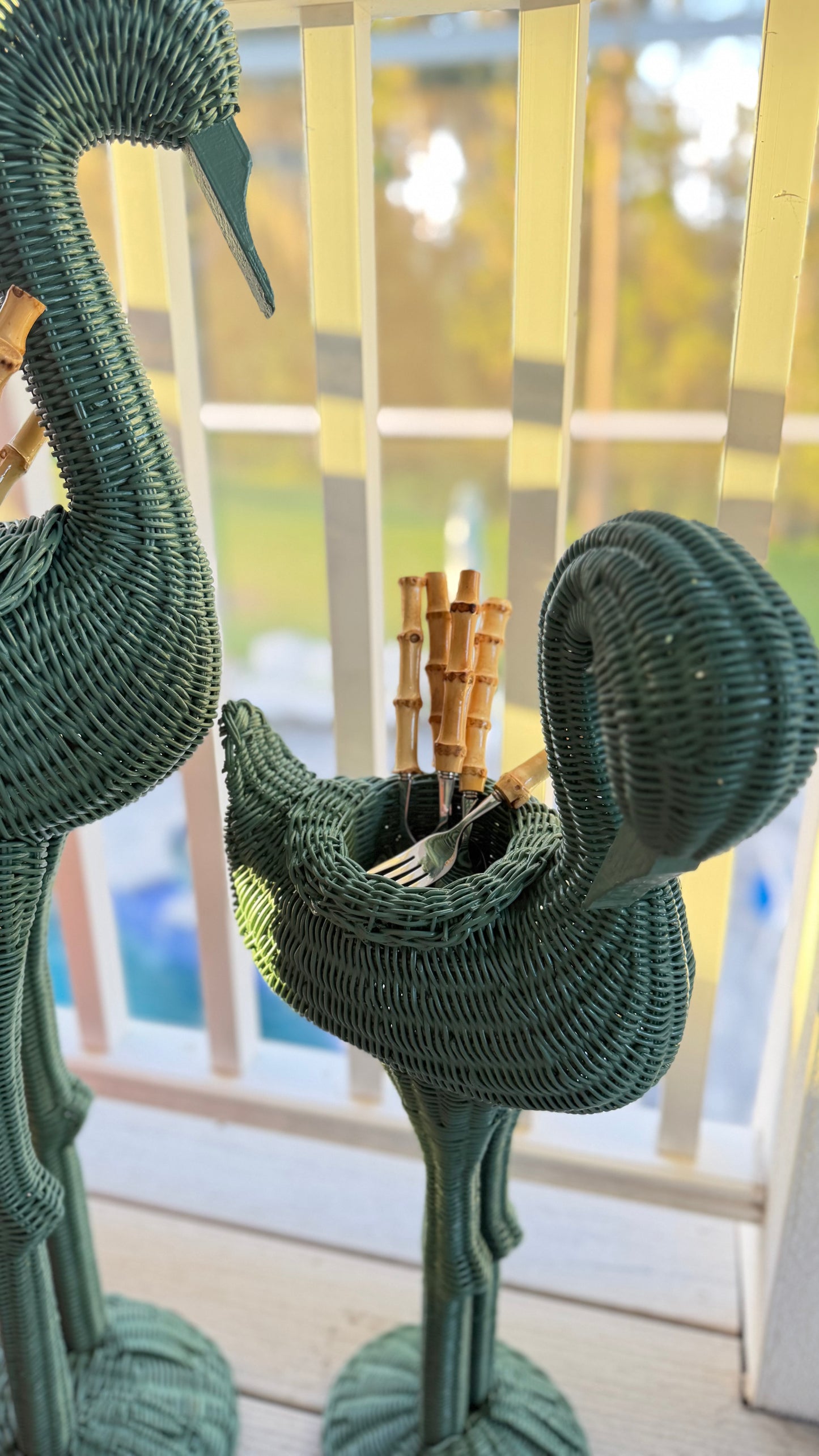 Vintage Messel Green Wicker Flamingo Planters, Mother and Baby Pair