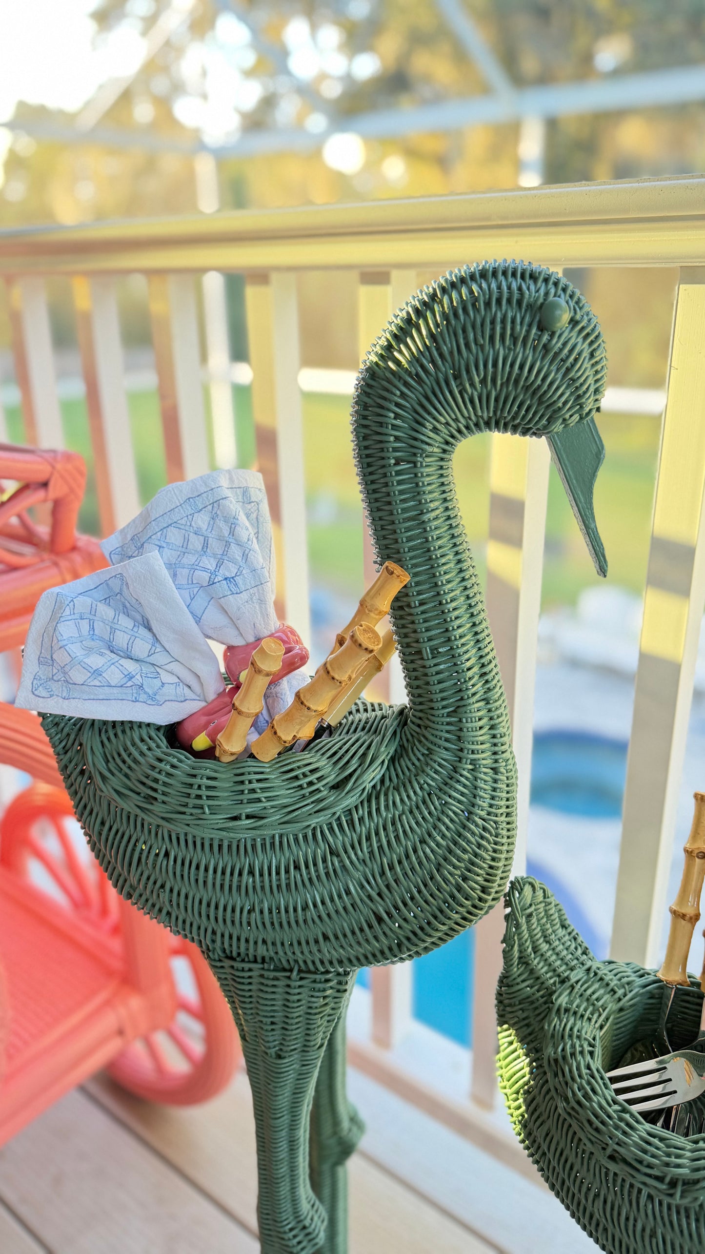 Vintage Messel Green Wicker Flamingo Planters, Mother and Baby Pair
