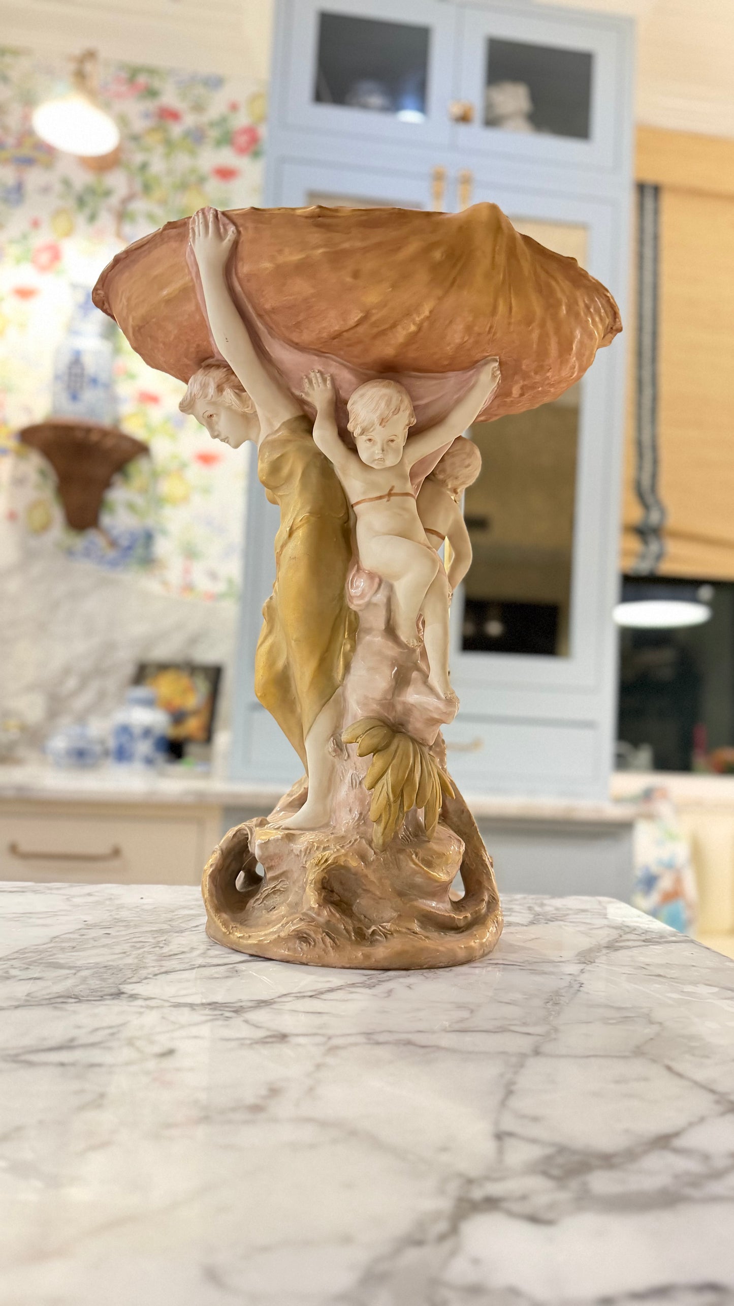 Vintage Royal Dux Art Nouveau Revival Nymph & Putti Shell Centerpiece, Model 10388
