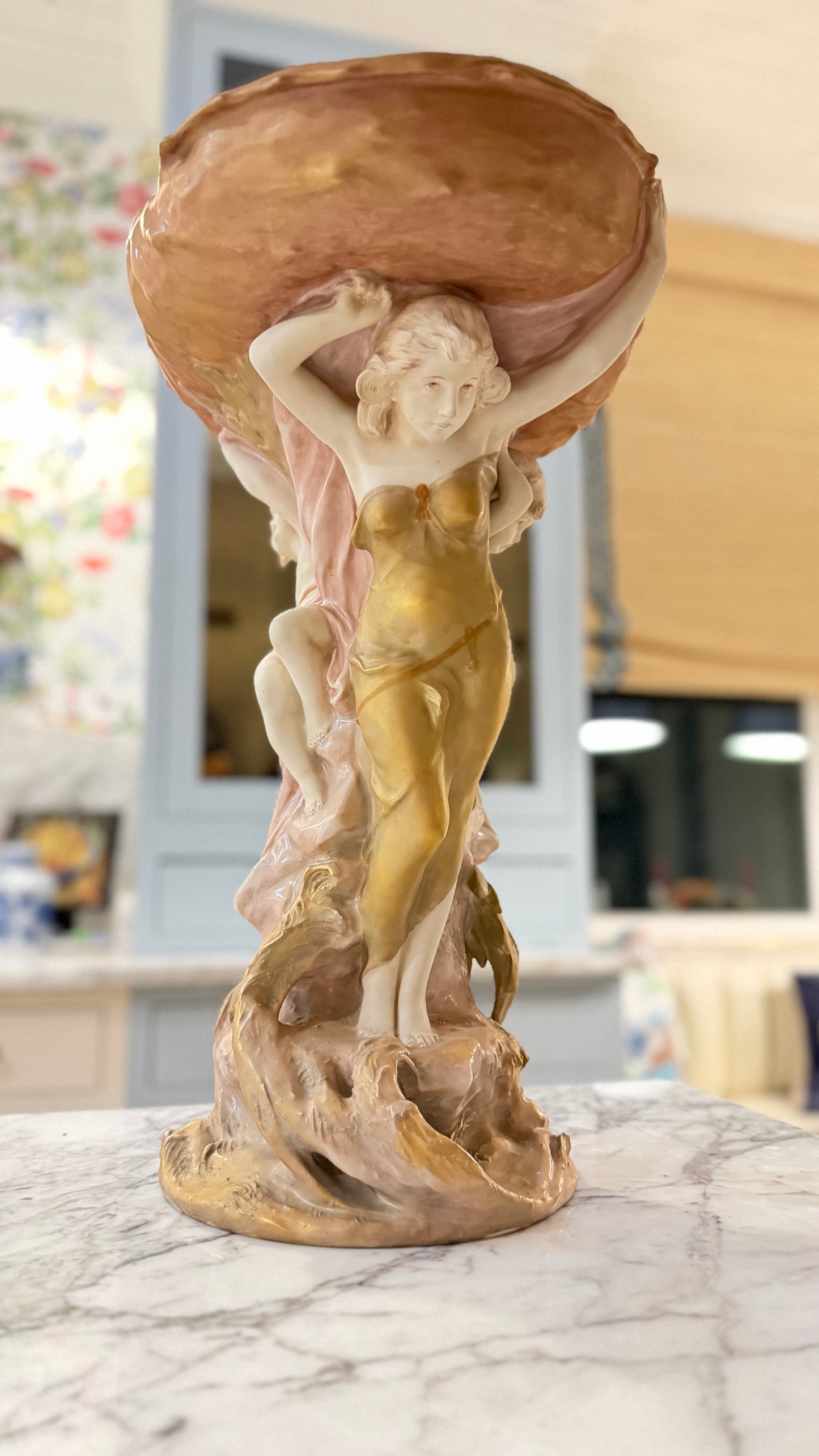 Vintage Royal Dux Art Nouveau Revival Nymph & Putti Shell Centerpiece, Model 10388