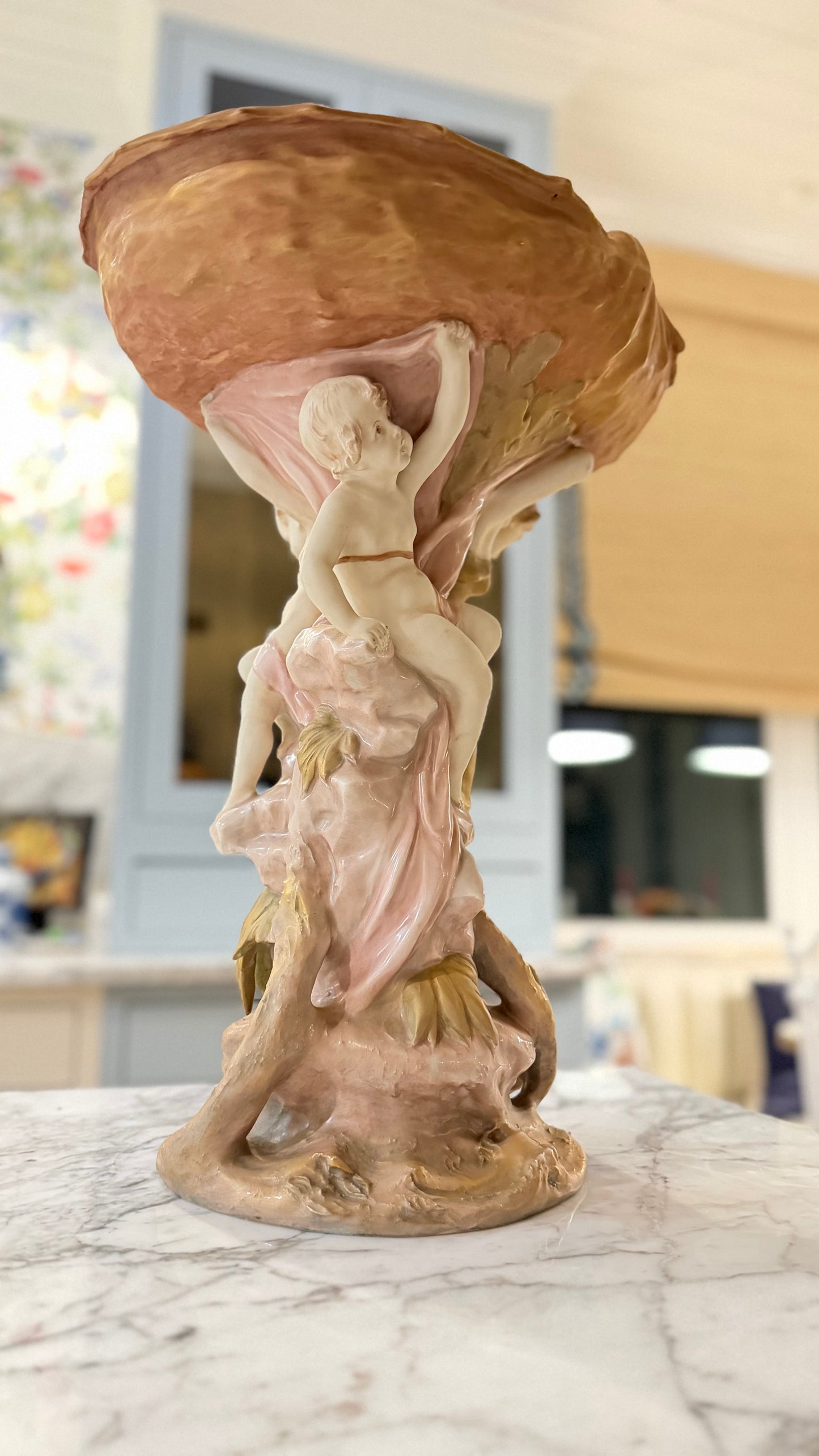 Vintage Royal Dux Art Nouveau Revival Nymph & Putti Shell Centerpiece, Model 10388