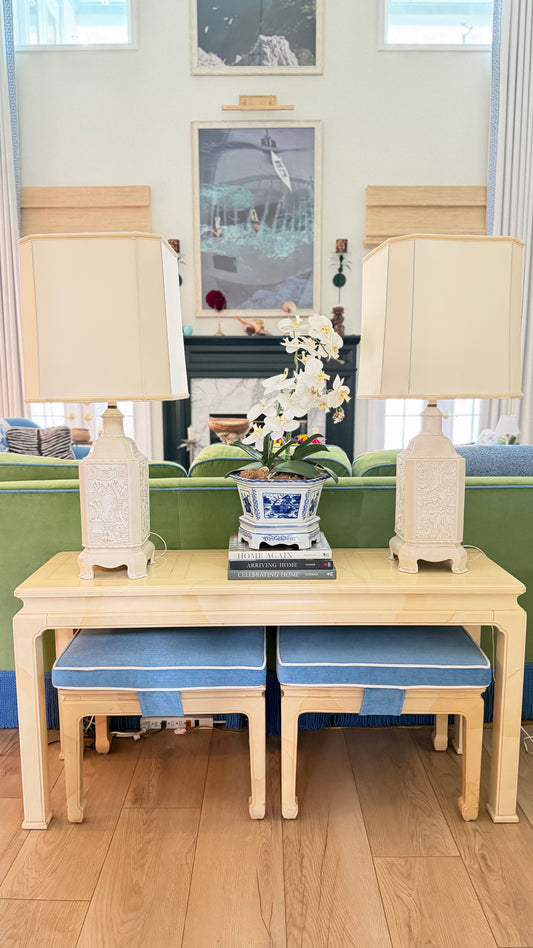 Pair of Vintage Cream Chinoiserie Relief Lamps with Velvet-Trimmed Silk Shades