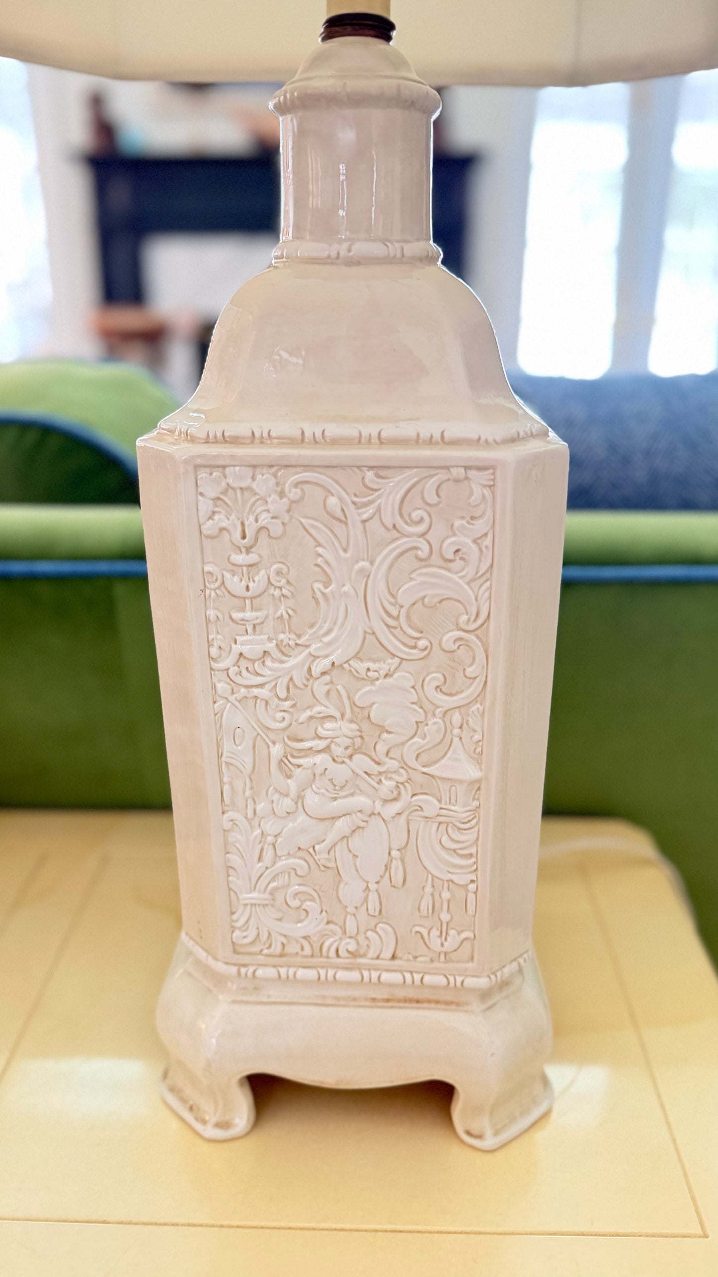 Pair of Vintage Cream Chinoiserie Relief Lamps with Velvet-Trimmed Silk Shades