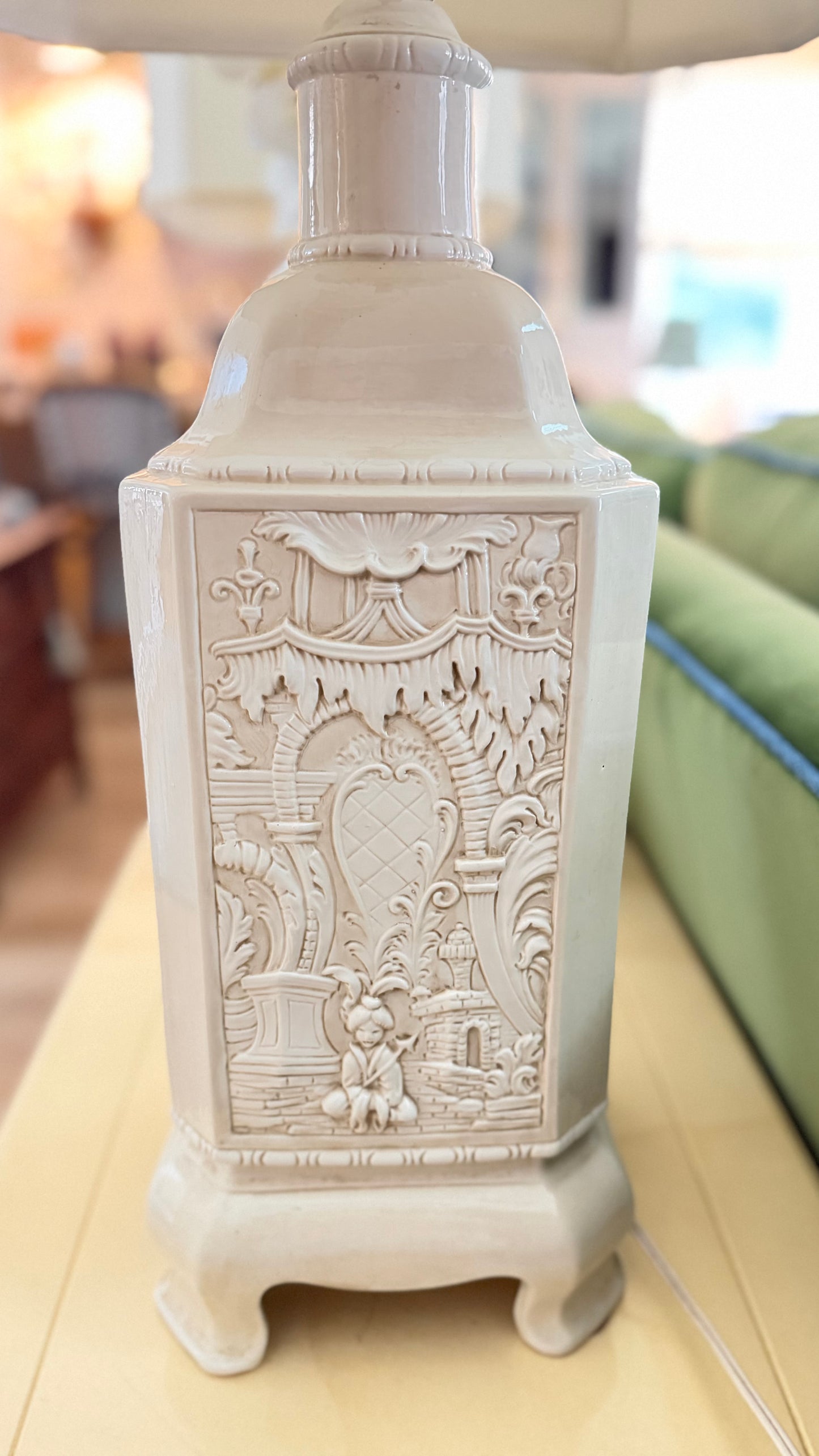 Pair of Vintage Cream Chinoiserie Relief Lamps with Velvet-Trimmed Silk Shades