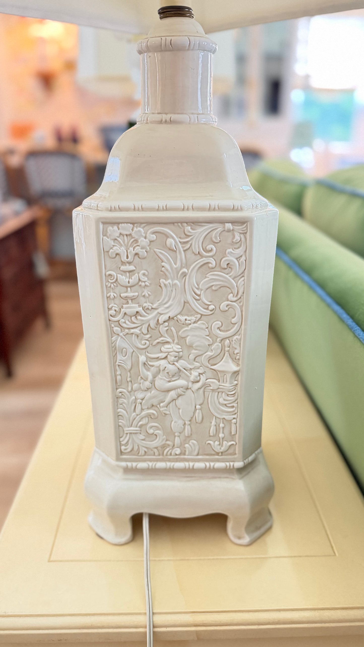 Pair of Vintage Cream Chinoiserie Relief Lamps with Velvet-Trimmed Silk Shades