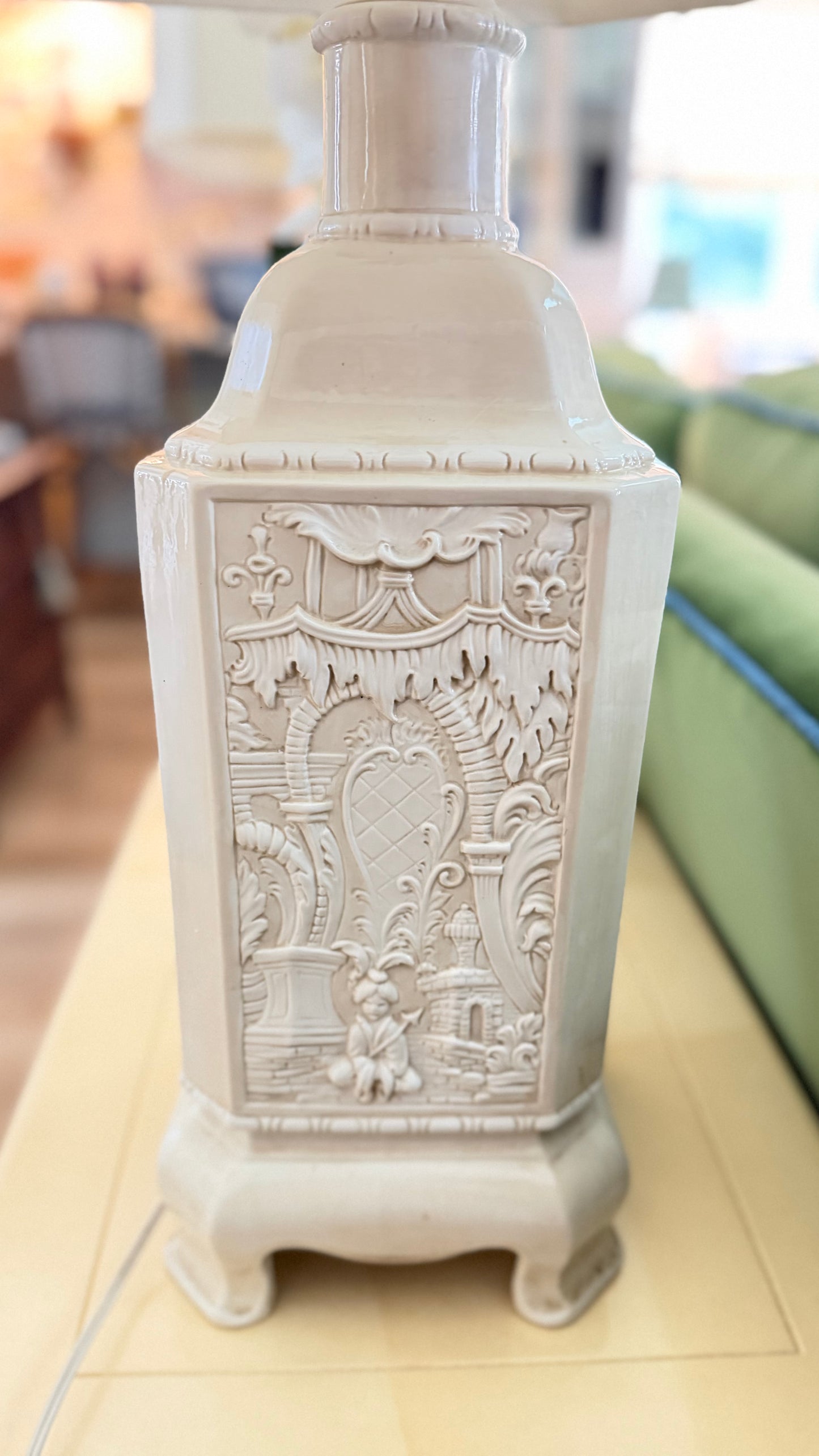 Pair of Vintage Cream Chinoiserie Relief Lamps with Velvet-Trimmed Silk Shades