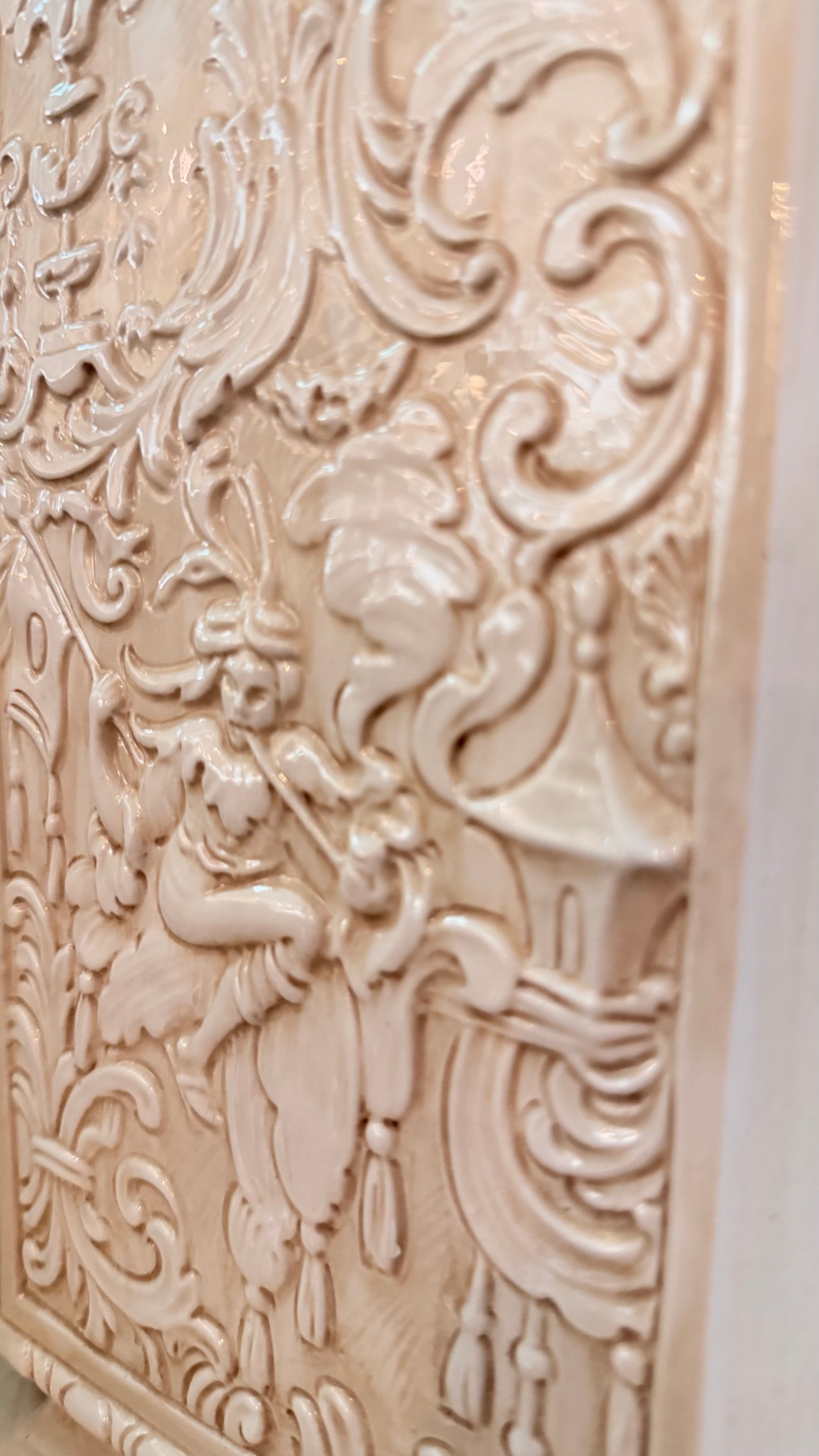 Pair of Vintage Cream Chinoiserie Relief Lamps with Velvet-Trimmed Silk Shades