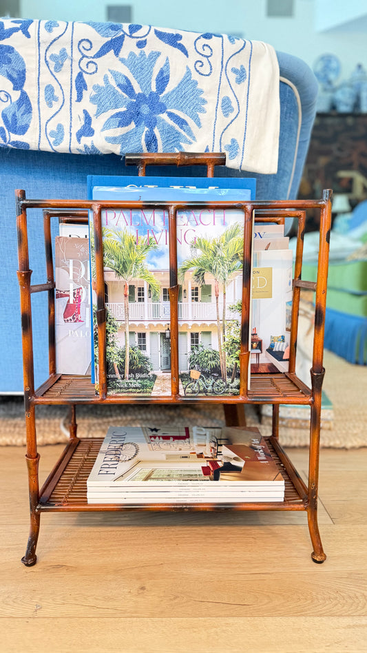 Vintage Faux Bamboo Magazine and Book Rack with Lower Shelf