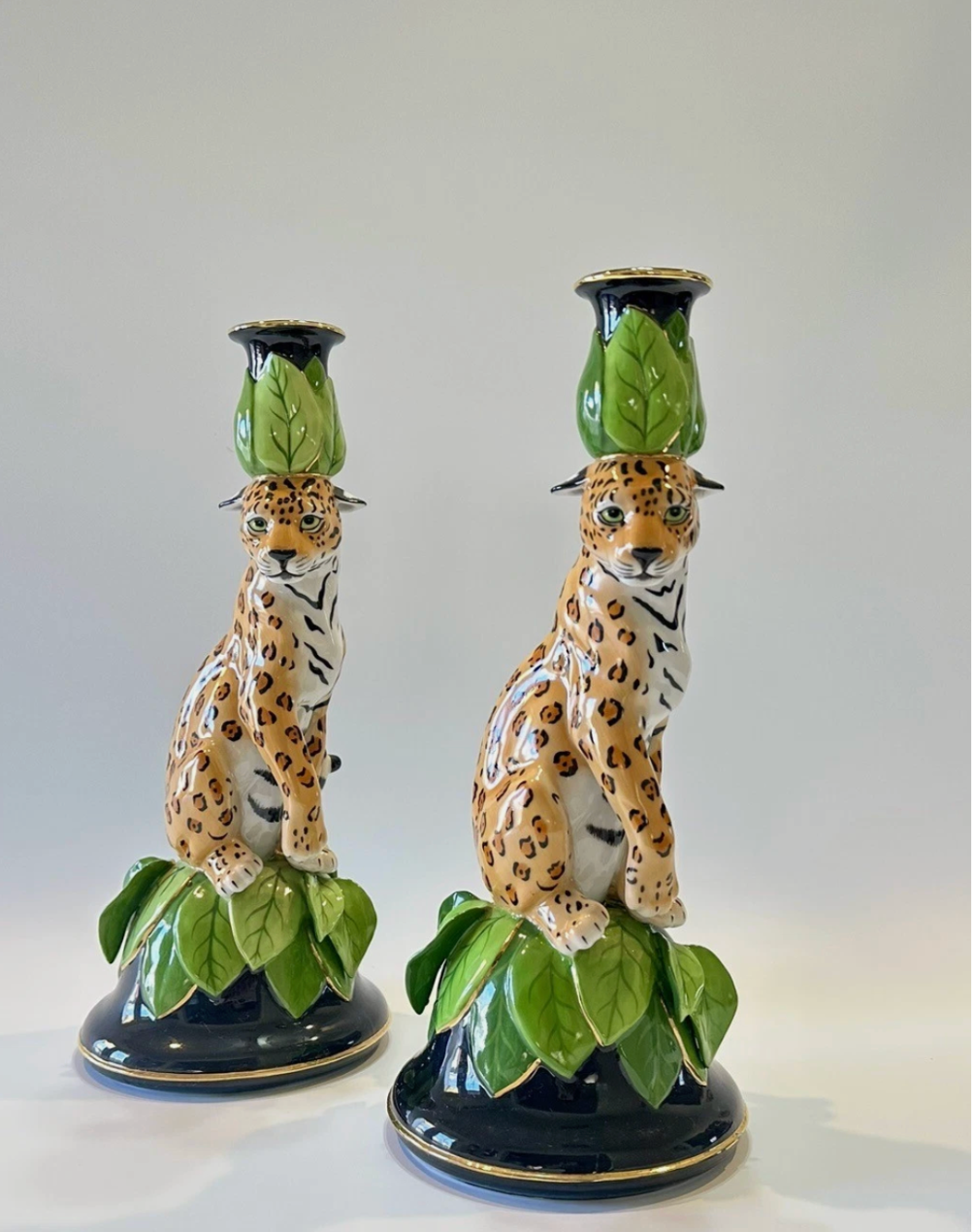 Pair of Lynn Chase Jaguar Jungle Candlesticks, 1991
