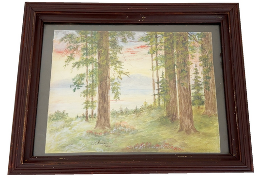 Antique 1921 Signed Forest Landscape Watercolor Painting