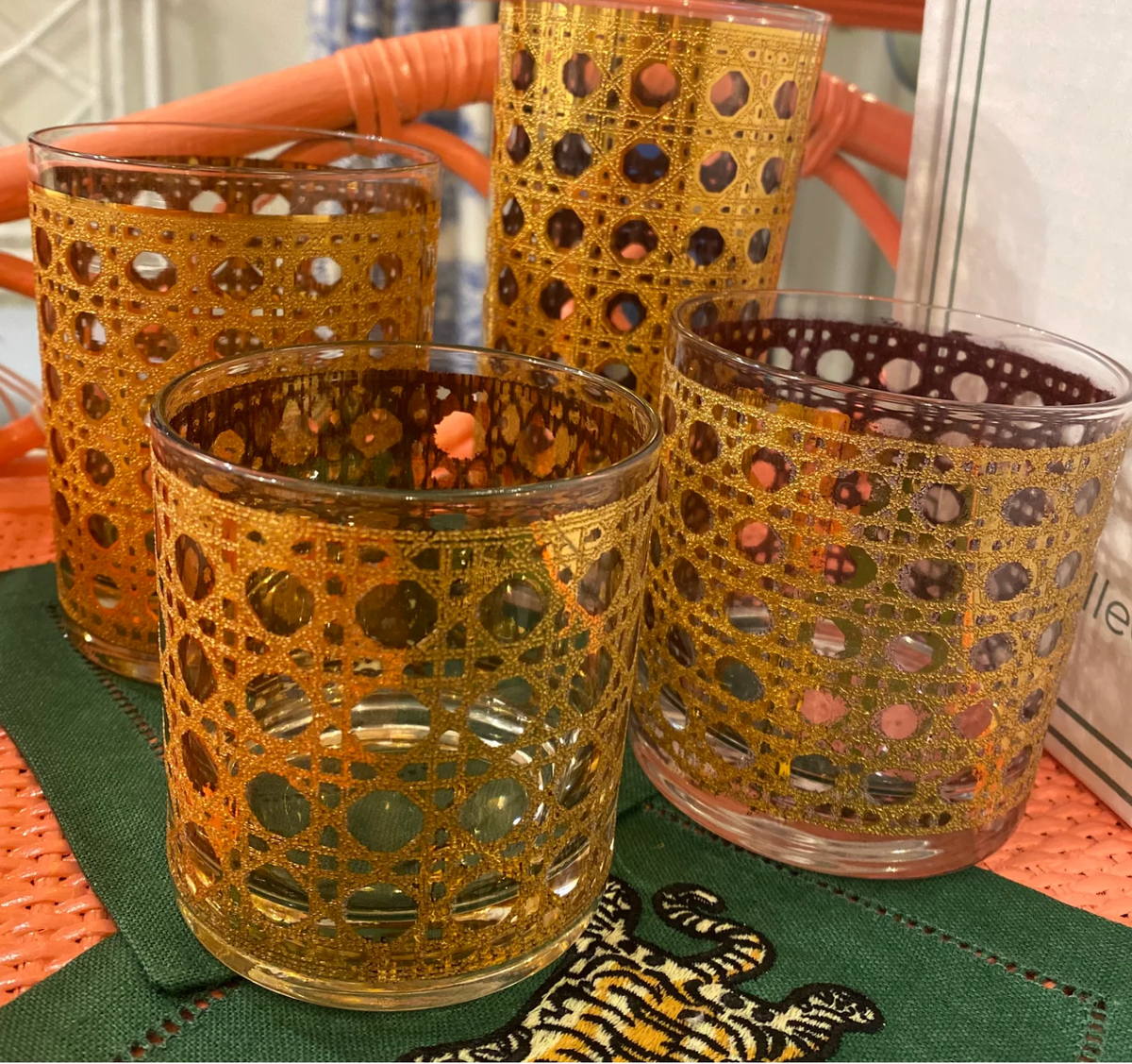 Vintage Culver Cannella 22K Gold Old-Fashioned Rocks Glasses with Brass Faux-Bamboo Caddy — Set of Six