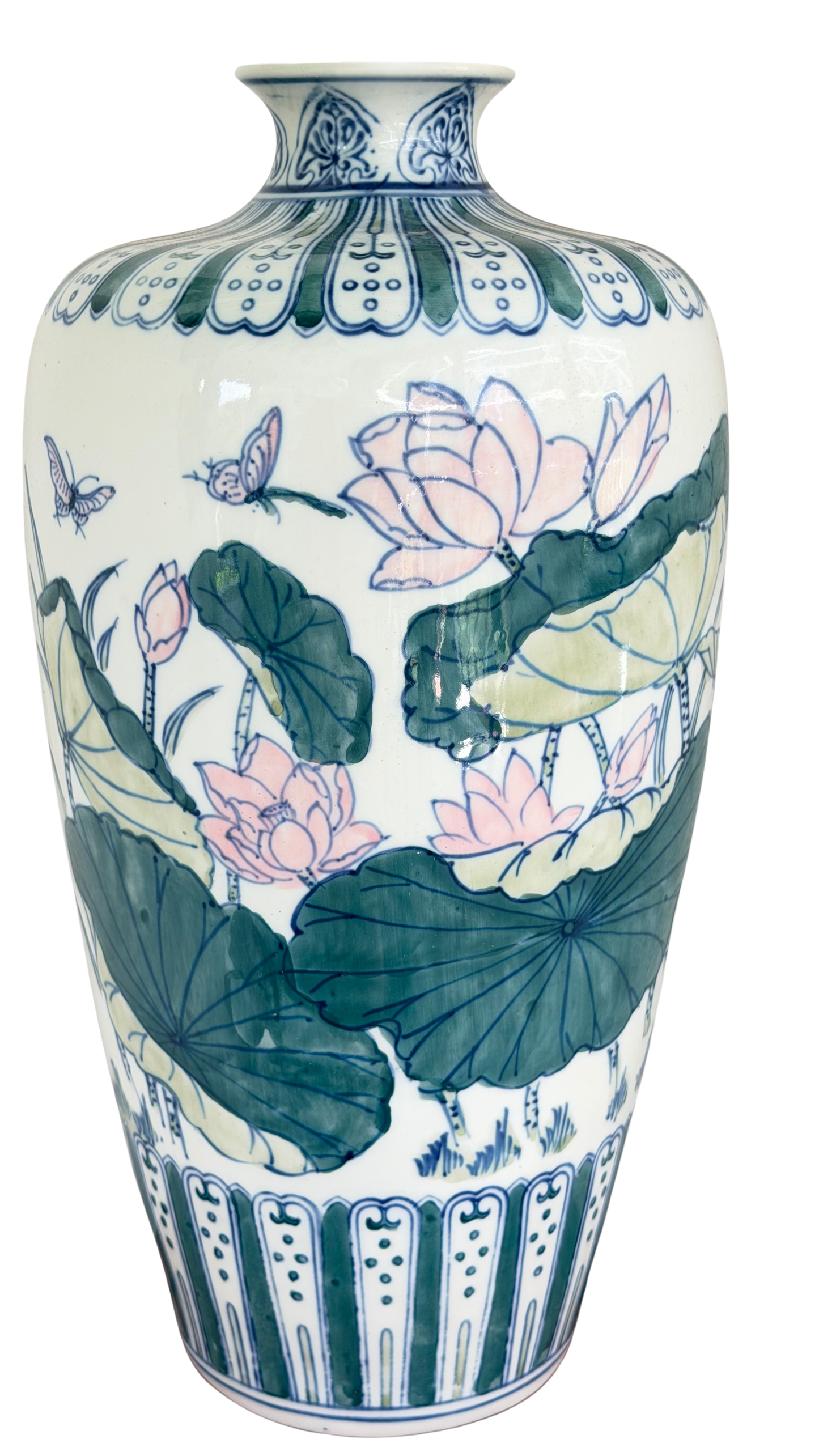 Large vintage Chinese porcelain vase with pink lotus flowers, green lotus leaves, butterflies and blue decorative detailing.