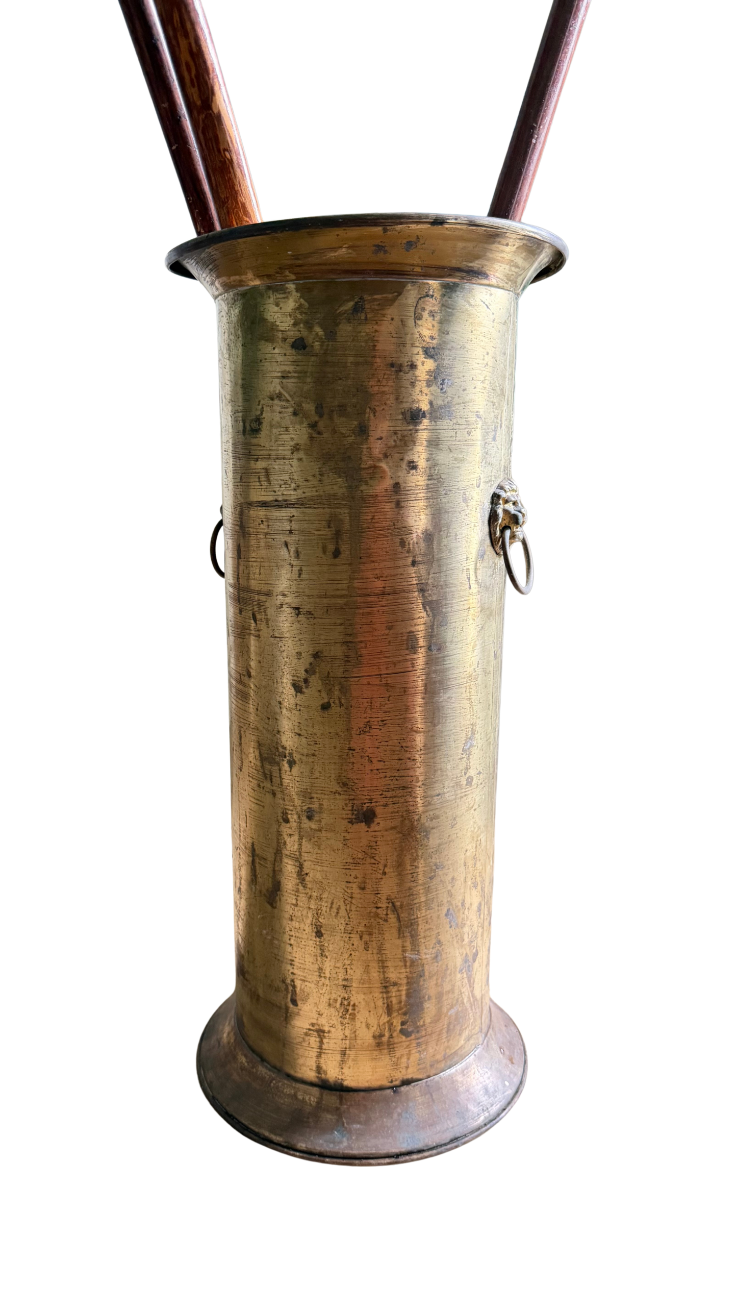 Vintage Brass Lion Head Umbrella Stand with Beautifully Timeworn Patina